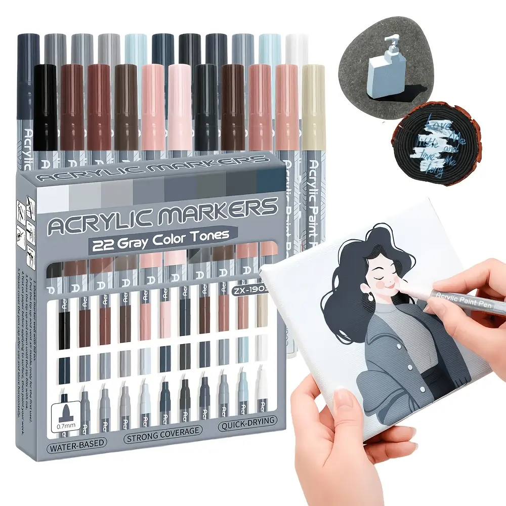 22-Color Neutral Tones Acrylic Paint Markers Set, 0.7mm Extra Fine Tip, Quick-Dry Ink, High Opaque Coverage, Consistent Flow, Office Stationery Markers for Coloring, Art Crafts