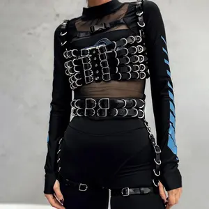 Gothic corset with belt Sets, punk PU leather with metal rings, adjustable shoulder straps, Rave Outfit party waistband.