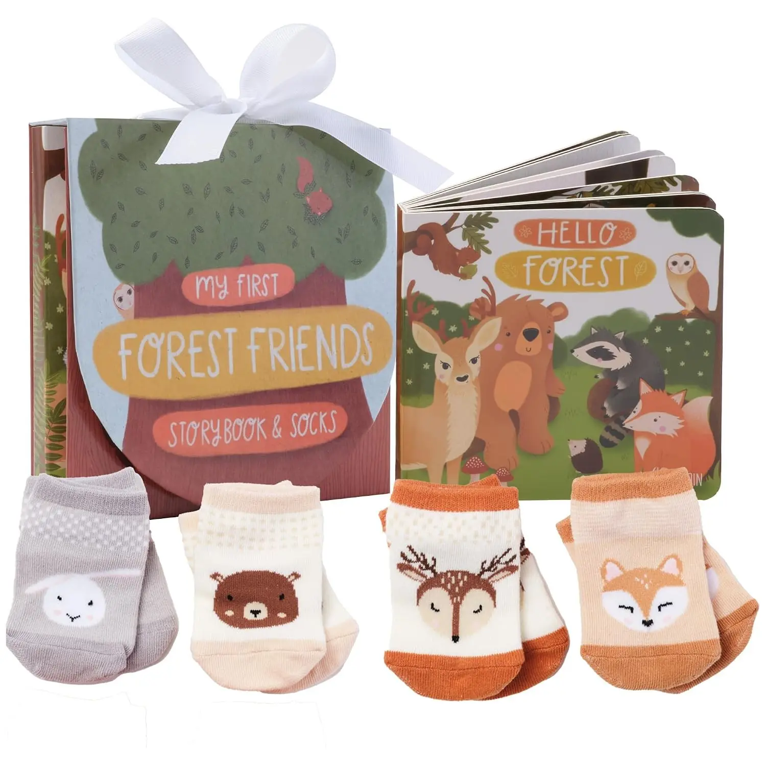 Forest Friends 5-Piece Baby Gift Set - Newborn Socks & Hello Forest Board Book, 0-12 Months, Gender Neutral(Gift)