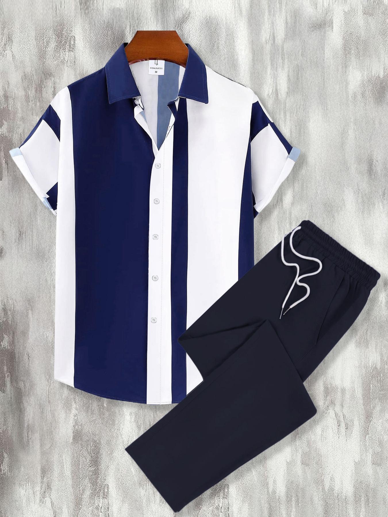 Men's Colorblock Print Short Sleeve Top & Pants Loungewear Two-Piece Set, Regular Fit Casual Comfy Top & Trousers Pj Set, Men's Sleepwear Set for All Seasons