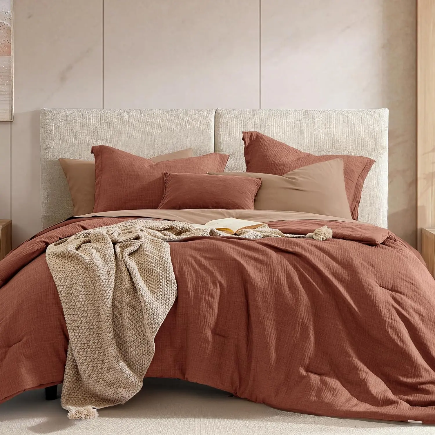 7-Piece Queen Size Terracotta Solid Texture Bedding Set, Polyester Fiber Cloud Motif Comforter Set with Sheets, Soft Machine Washable Bed in a Bag for Fall Use, Seven Pieces, Bedroom