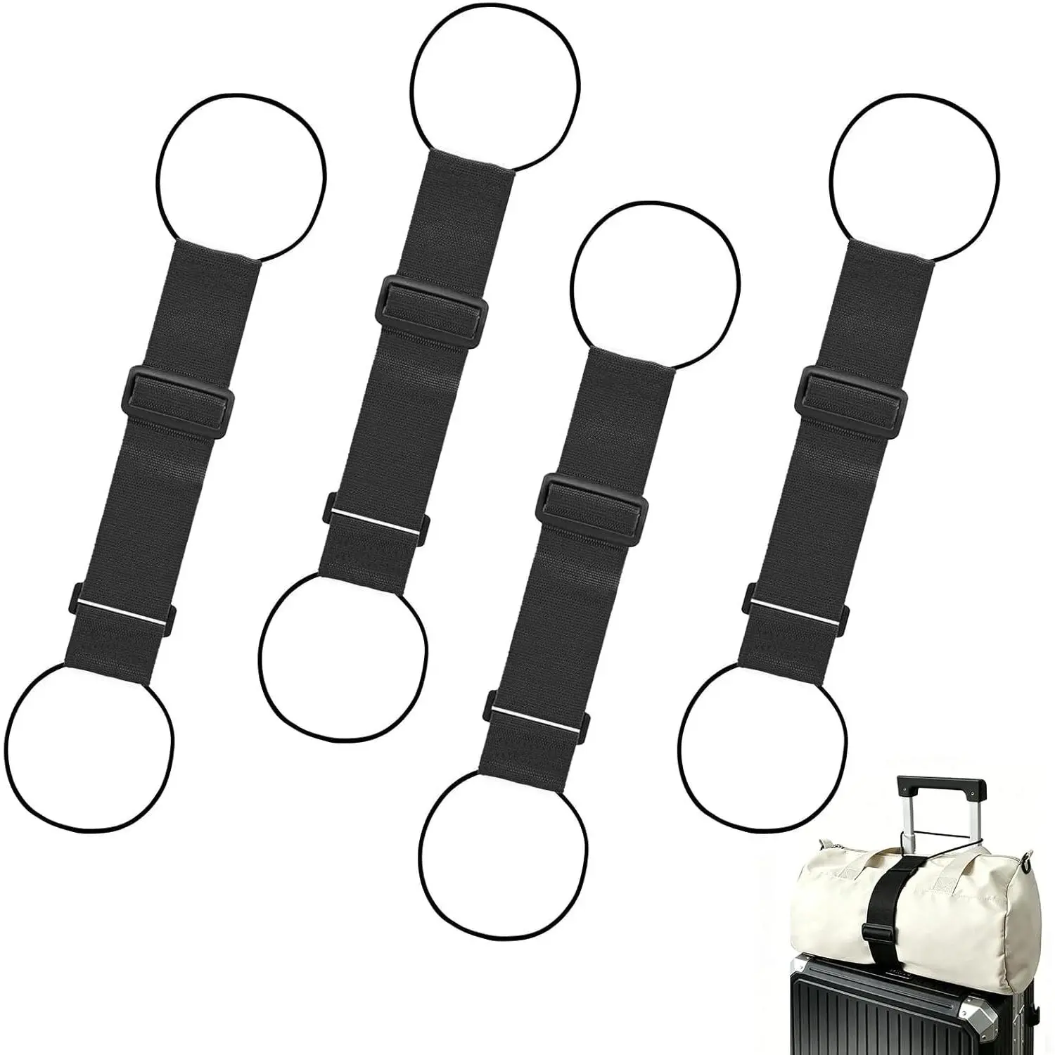 4-Piece Strong Hold Luggage Straps, Adjustable Plug-and-Play Elastic Fastening Travel Accessories, Universal Use Suitcase Bag Organizer (Black)