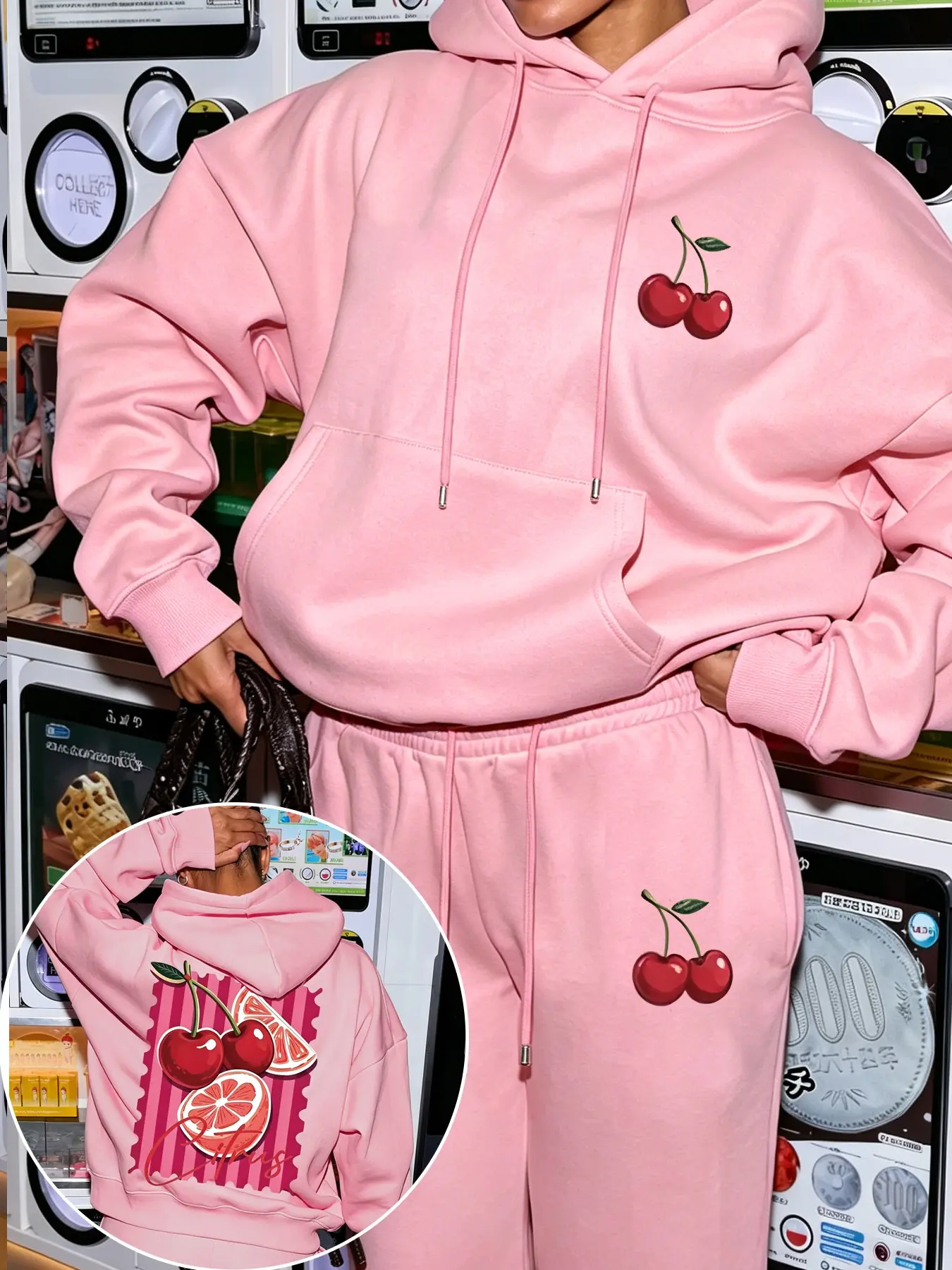 Women's Cherry Print Hoodie and Pants Set, Fall Winter Casual Loose Fit, Comfortable Warm, Perfect for Holidays