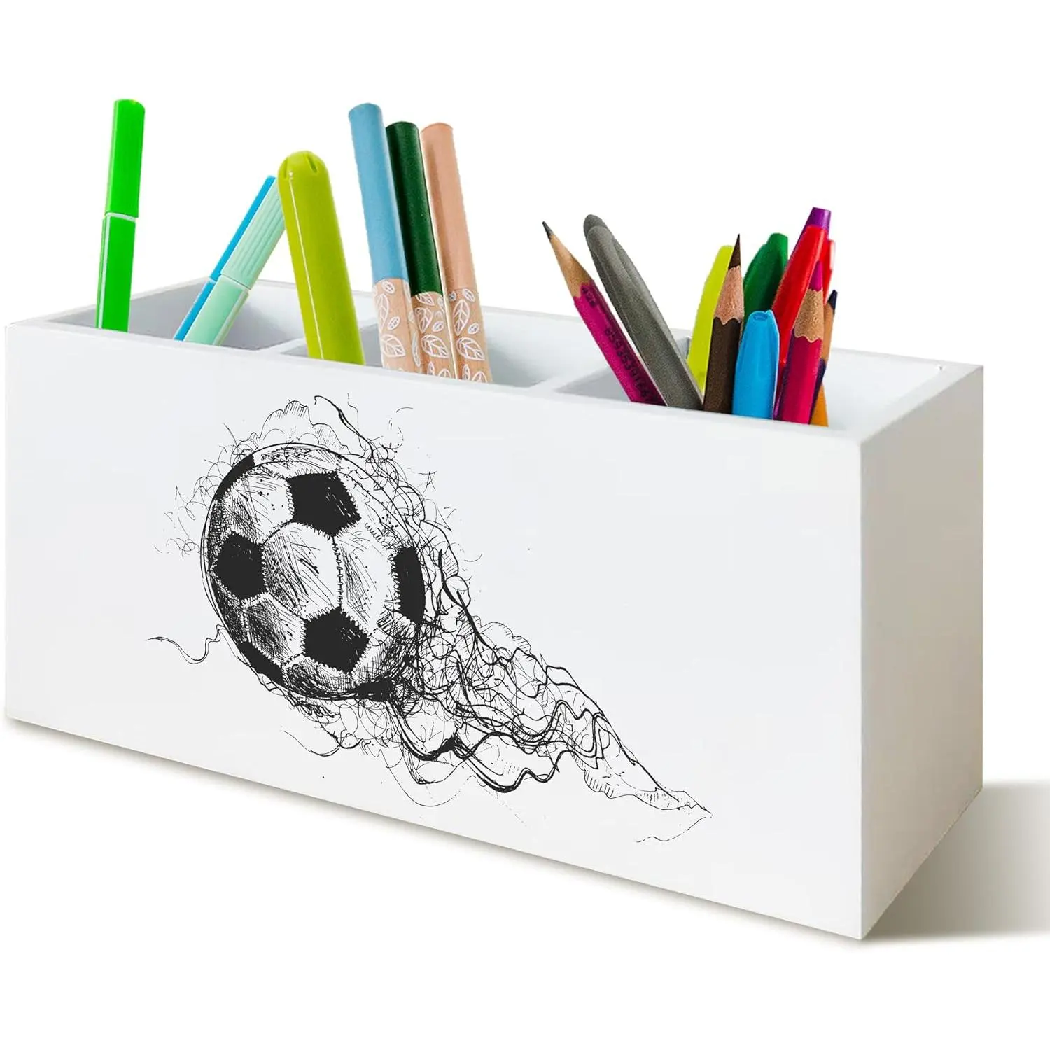 Soccer Ball Pen Pencil Holder Organizer for Desk, Soccer Fan Lovers Players Gifts Wooden Box Block Sign for  Office Tabletop Decor