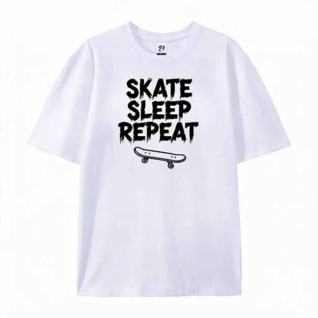 Women's Oversized Short-Sleeve Cotton Graphic Tee - Breathable Casual Classic Distressed Grunge "Skate Sleep Repeat" Skateboard Print Punk Streetwear Daily Top