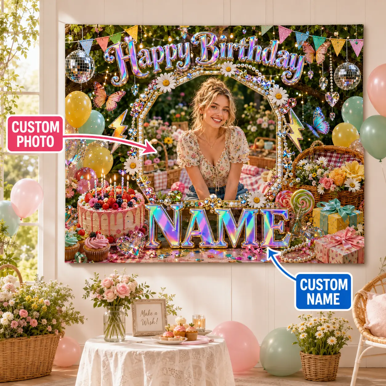 Personalized Garden Birthday Backdrop - Customizable with Photo, Name, Daisies, Butterflies, Cake, Picnic Elements, Flowers - Festive Party Decor Banner for Home Supplies Floral Ornaments