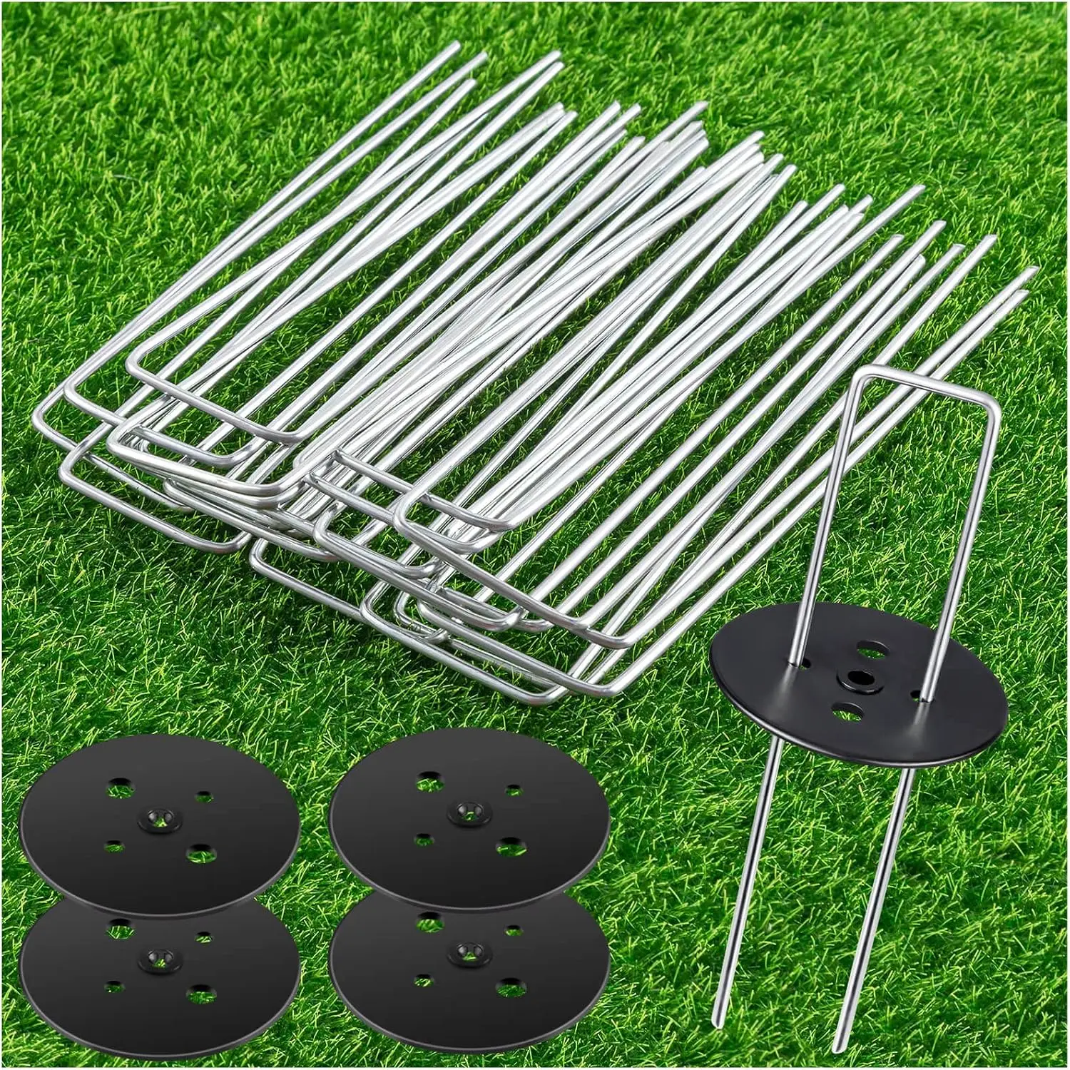 6 in Galvanized U-Shaped Outdoor Stake Set, Weed Barrier Stakes with Plastic Fixing Caps for Securing Soil/Ground Fences, Tents (20 Pcs)