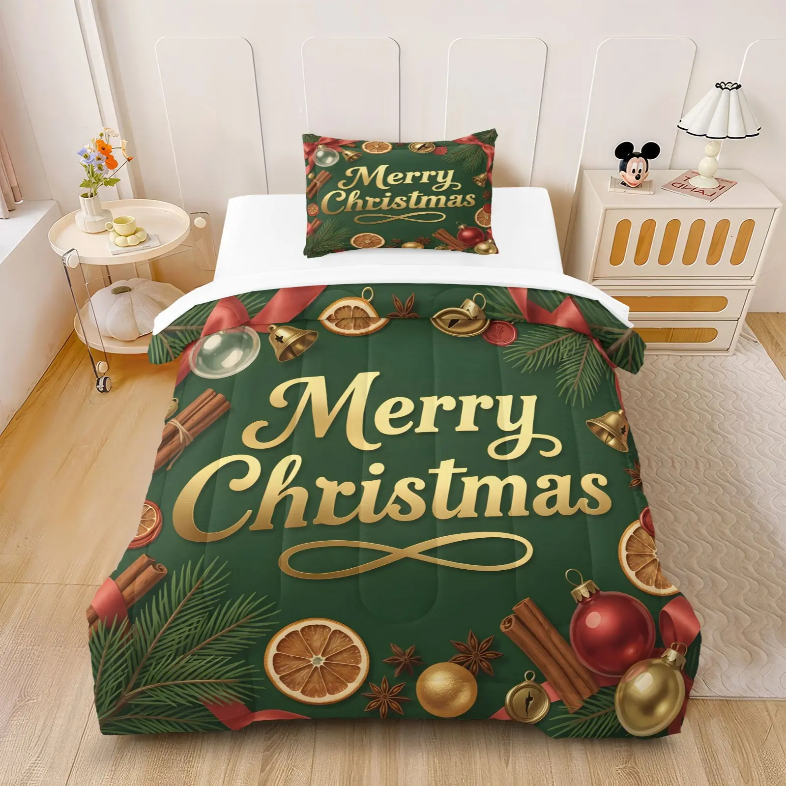 2/3Pcs Luxury Christmas Comforter Set, Pine Ribbon Orange Bell Bauble All Over Print, Soft Breathable Winter Quilt With Filling No Pillow Insert