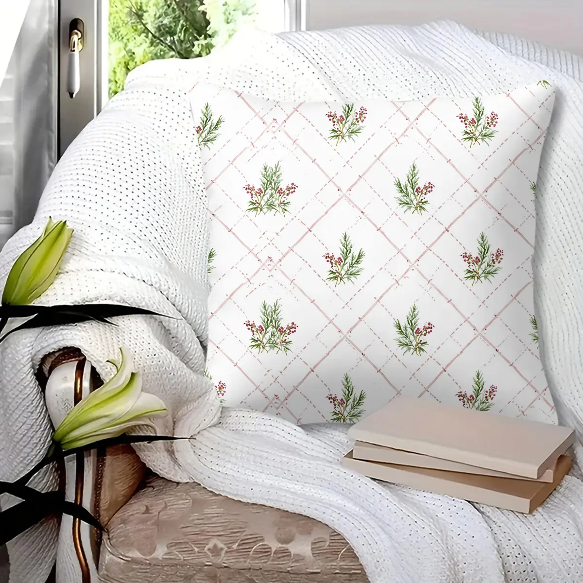 45x45cm 1Pc, Floral Grid Print Throw Pillow, Soft Fluffy Cozy Durable Cushion, Perfect for Sofa, Bed, Living Room and Bedroom Decor, Great Small Holiday Gift for Your Loved Ones, Adds Warm and Elegant Charm to Your Home Space