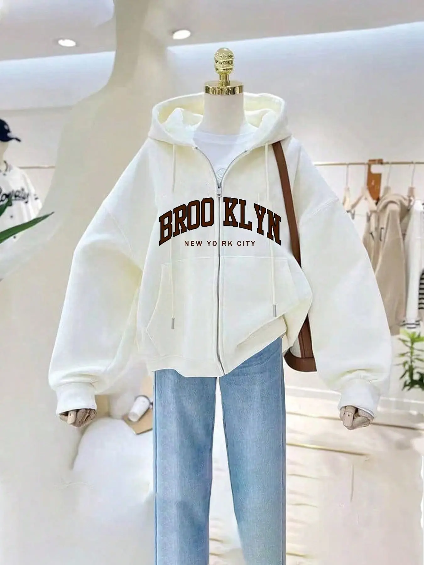 Women's Brooklyn New York City Print Outerwear, Loose-Fitting H-Type Hoodie Jacket with Pockets, Spring & Fall Street Style