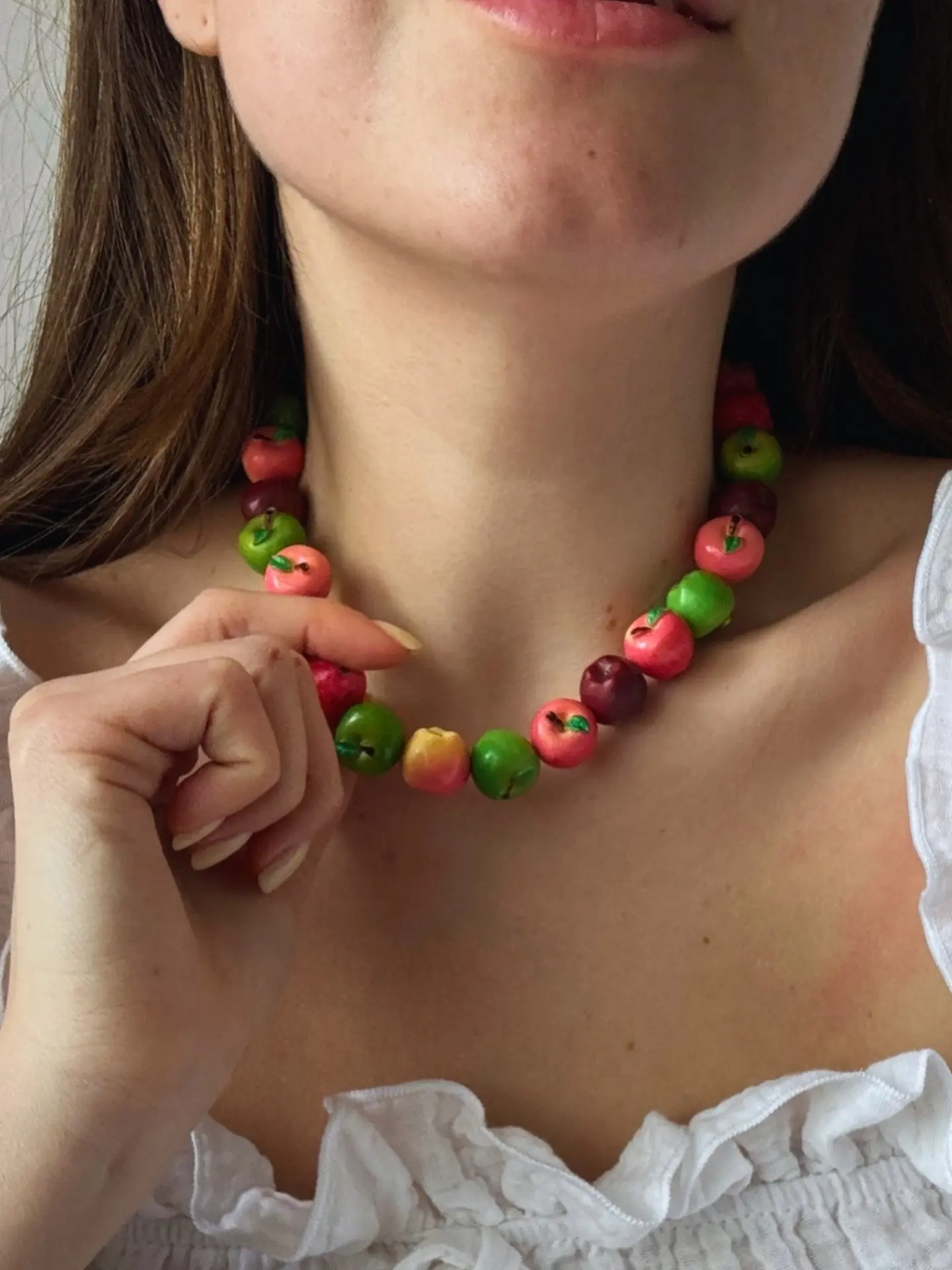 3D Multicolor Apple Bead Choker Necklace, Hand-Painted Gradient Resin Beads, Adjustable Lockbone Chain, Cottagecore Style