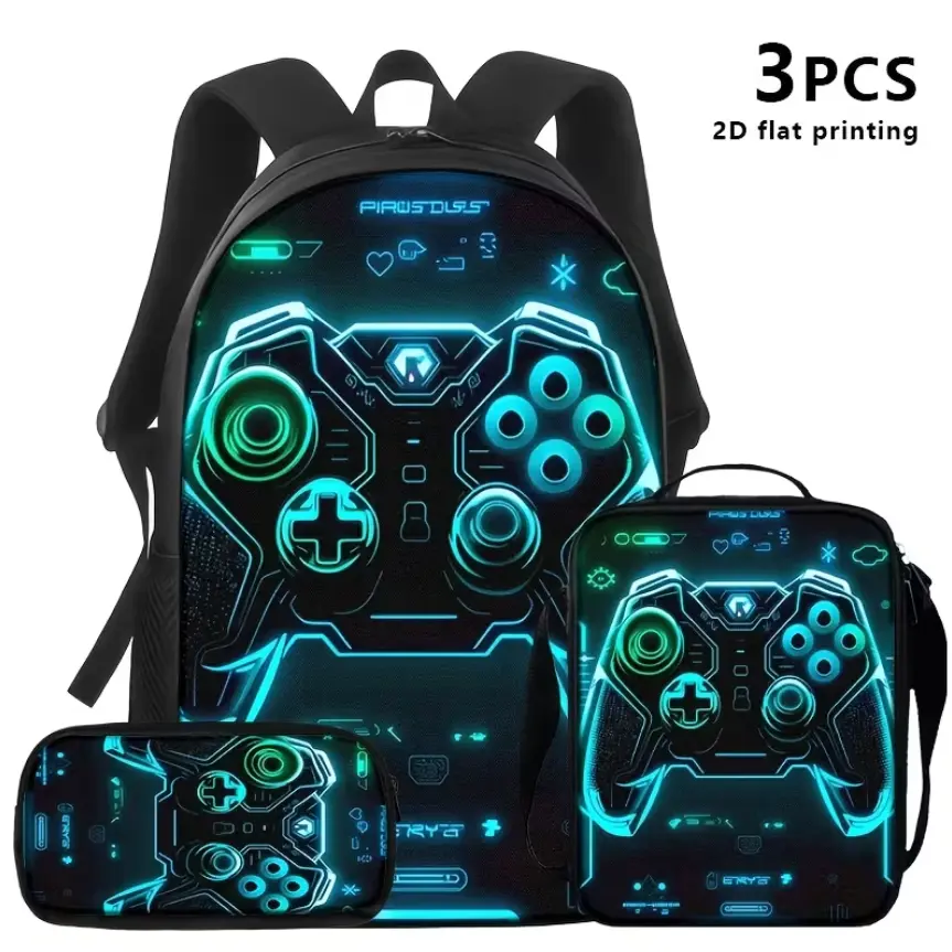 Kids' 3-Piece Neon Polyester Gaming Controller Backpack Set - Controller Print, Gamer Look, Adjustable Straps, Blue Green Tech Graphic, Matching Lunch Bag & Pencil Case, Side Mesh, School/Travel Gym Bag