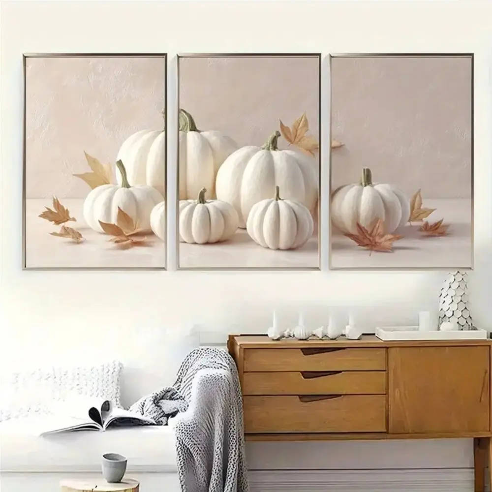 3 Piece Neutral Pumpkin Canvas Wall Art, Soft Tone Autumn Farmhouse Style, Halloween Decoration, Framed or Unframed Option