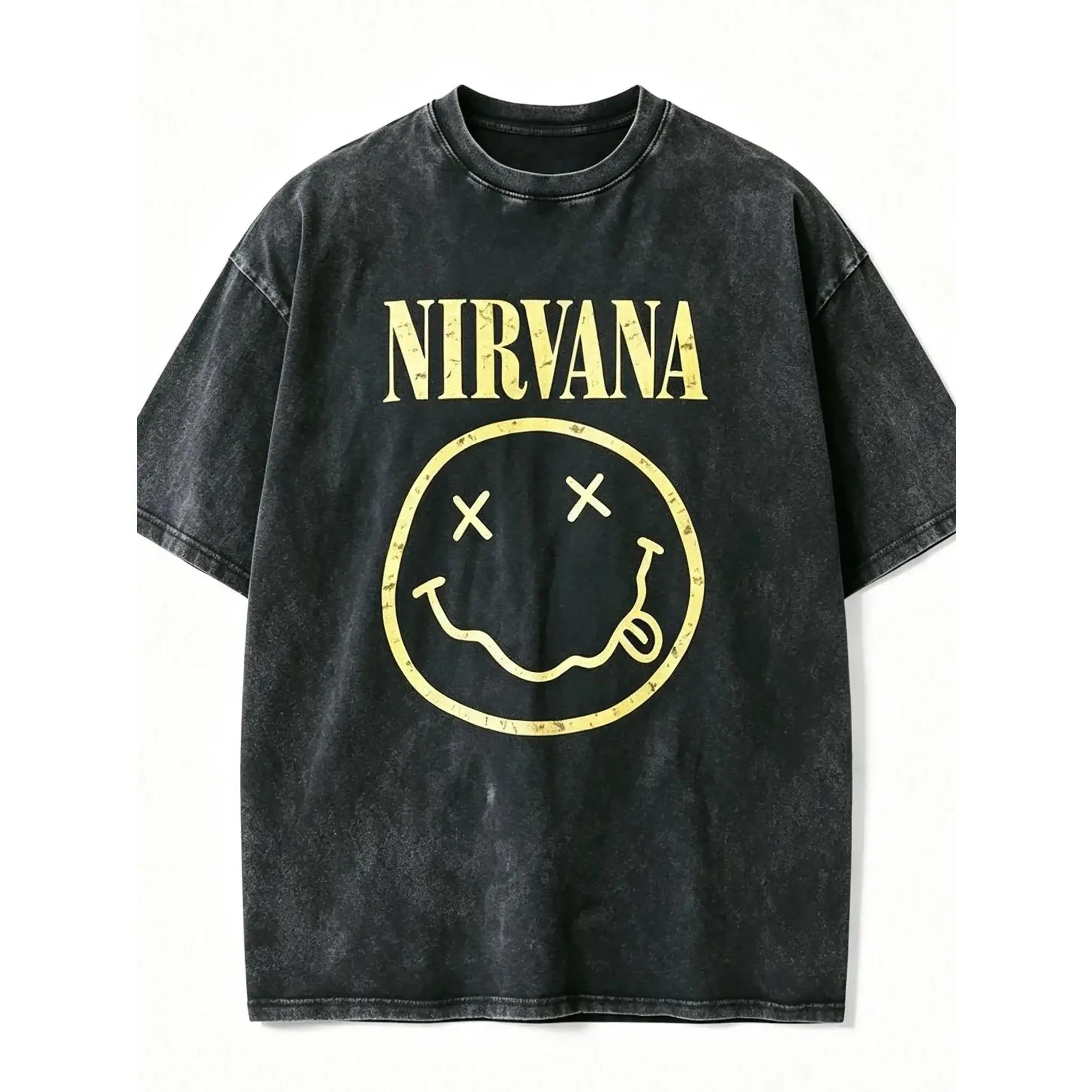 Retro Nirvana Classic X-Eye Smile Pattern Rock Large Washed T-shirt