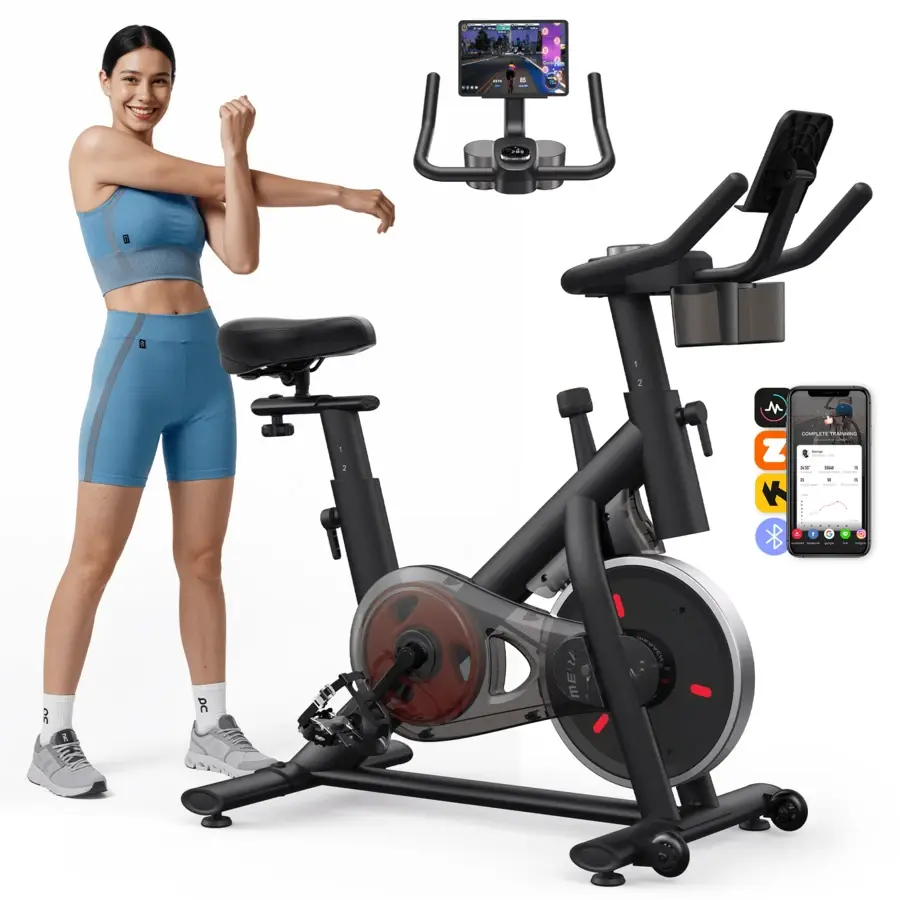 Exercise Bike, Brake Pad/Magnetic Stationary Bike With Exclusive App, Low Noise Indoor Cycling Bike With 300lbs Weight Capacity, Dumbbell Rack And Free Fitness Courses
