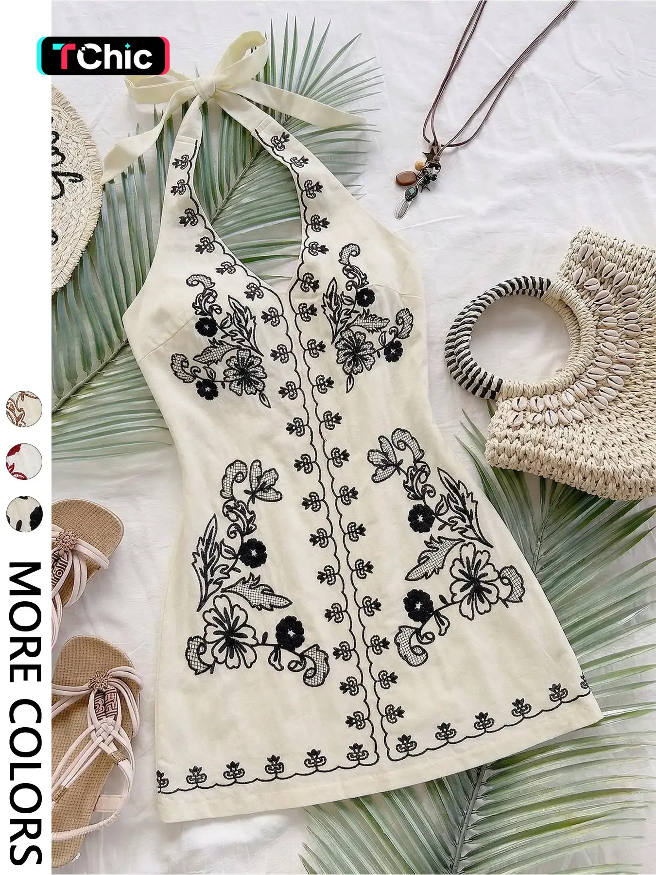1 Floral Embroidered Halter Mini Dress Women | Tie Neck Sleeveless A-Line Dress | Boho Summer Holiday Beach Vacation Outfit | Cottagecore Going Out Bohemian