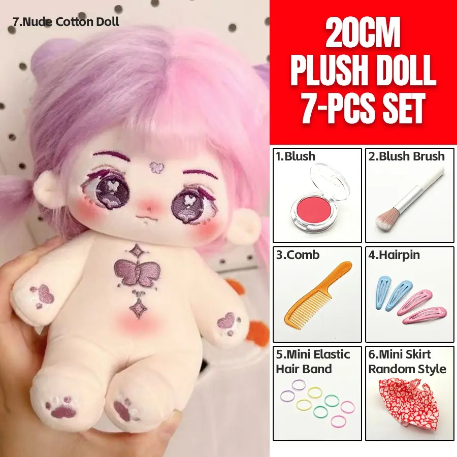 Cute 20cm Plush Doll Set, Hair Soft Stuffed Toy, Includes Makeup Accessories, Skirt, Hair Clip, Comb, Desktop Decor, Collectible Soft Cuddly Gift