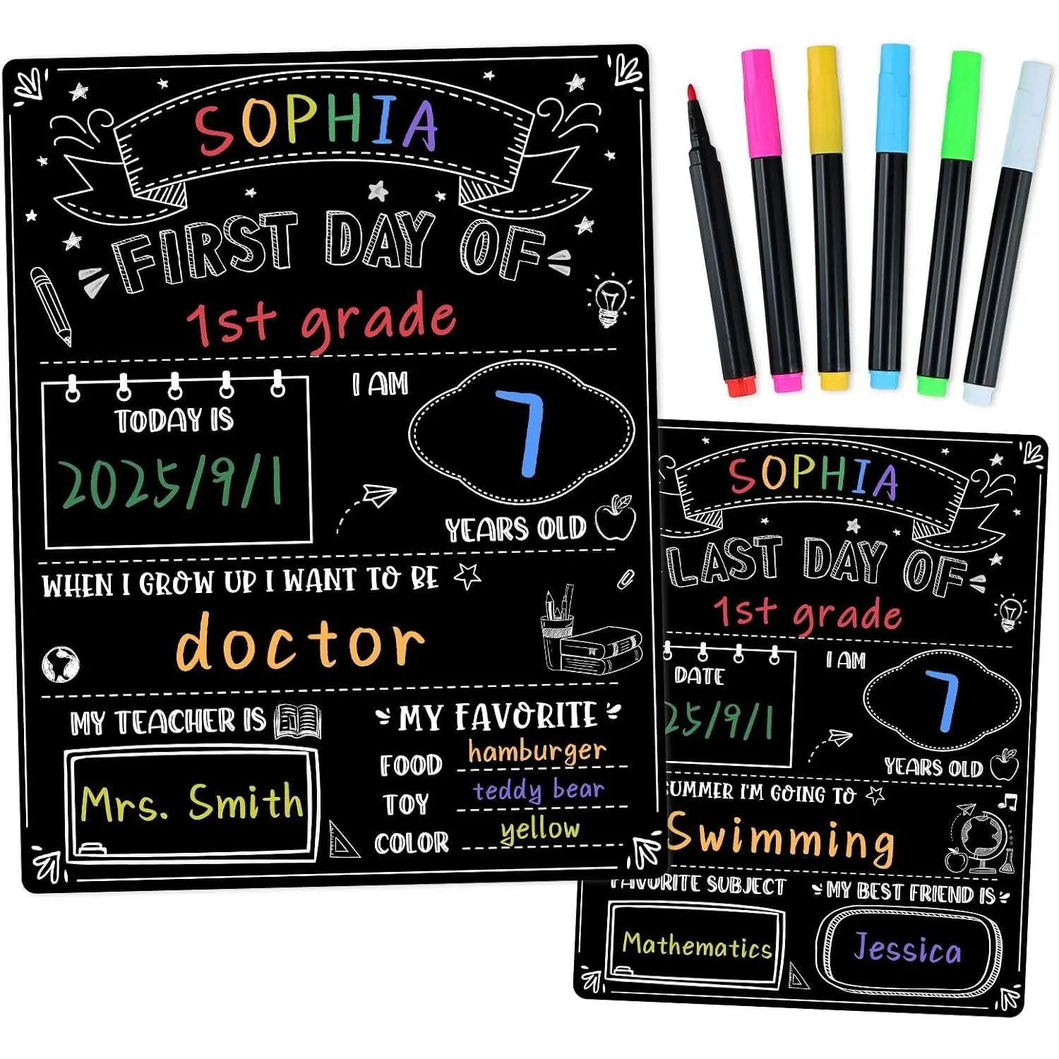 First Day of School Sign Board with 6 Colorful Liquid Chalk Markers - 11"x14" Double-Sided & Reusable - First and Last Day of Kindergarten Preschool Sign - Back to School Signs Supplies
