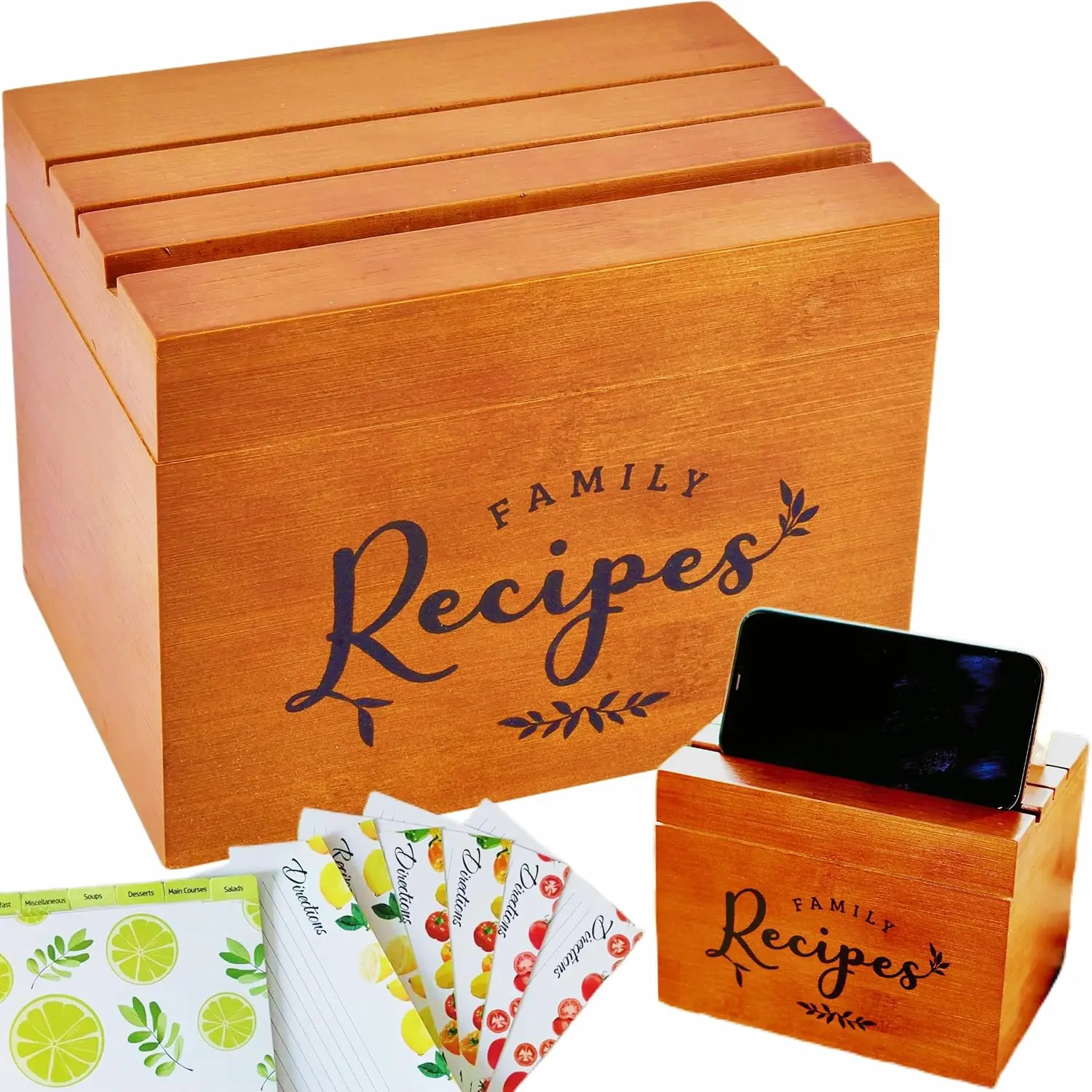 Recipe Holders, Recipe Box with 100 4x6 Cards and 7 Dividers, Wooden,  for Mom, Women, Wedding, Christmas (Light Brown)