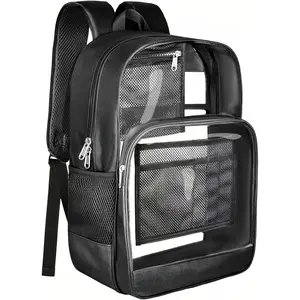 Heavy Duty Clear Backpack, Sturdy Fabric Clear Bookbag for School, Transparent PVC & Oxford Backpacks with Privacy Pocket for College Work Travel Security, BlackGift.