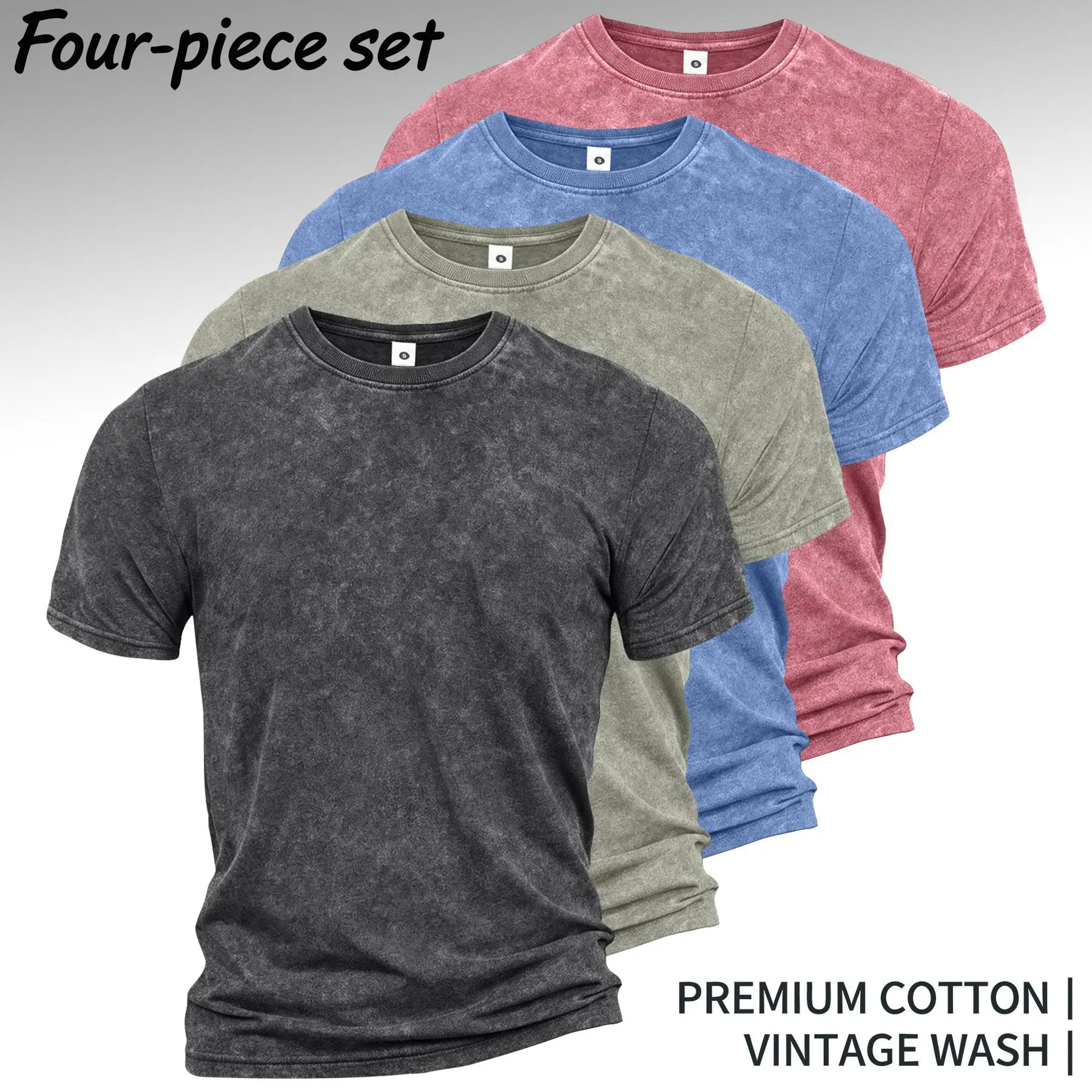 Washable distressed cotton men’s T-shirts, available in packs of 1, 2, 3, or 4. Casual commuting crew-neck short-sleeve T-shirt, 2000s style; suitable for running, golf, fishing, basketball, camping, gym workouts, swimming, and the beach; a great gift for