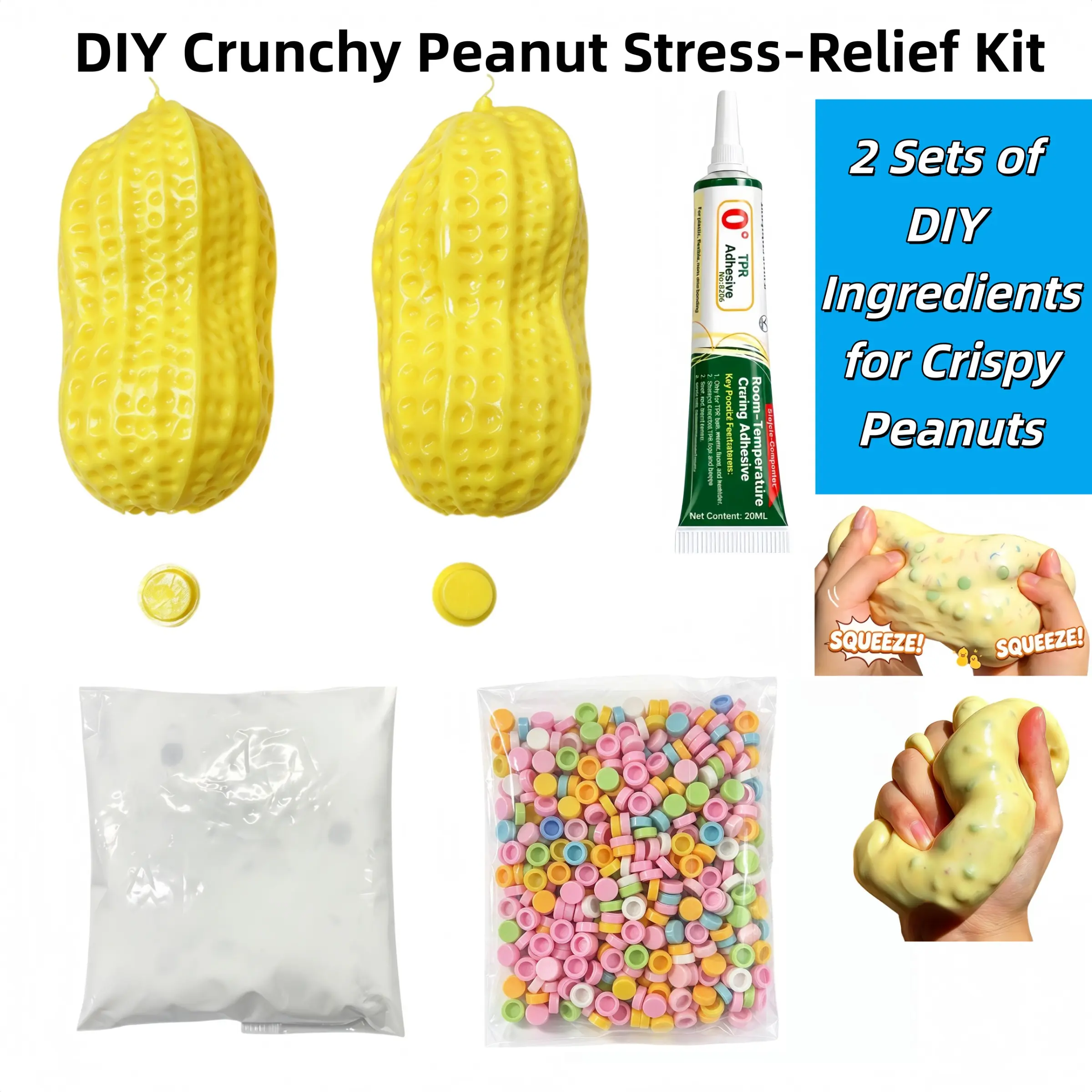 DIY Stress Ball Making Kit, Crispy Peanut Squishy DIY Supply Set, Includes 2Pcs 11cm Peanut Shells, White Block Clay Filler & Macaron Mixed Round Beads, With 20ml TPR Glue, Handmade ASMR Stress Relief Squishy Toy Supplies for Kids & Adults Squishy Squeeze