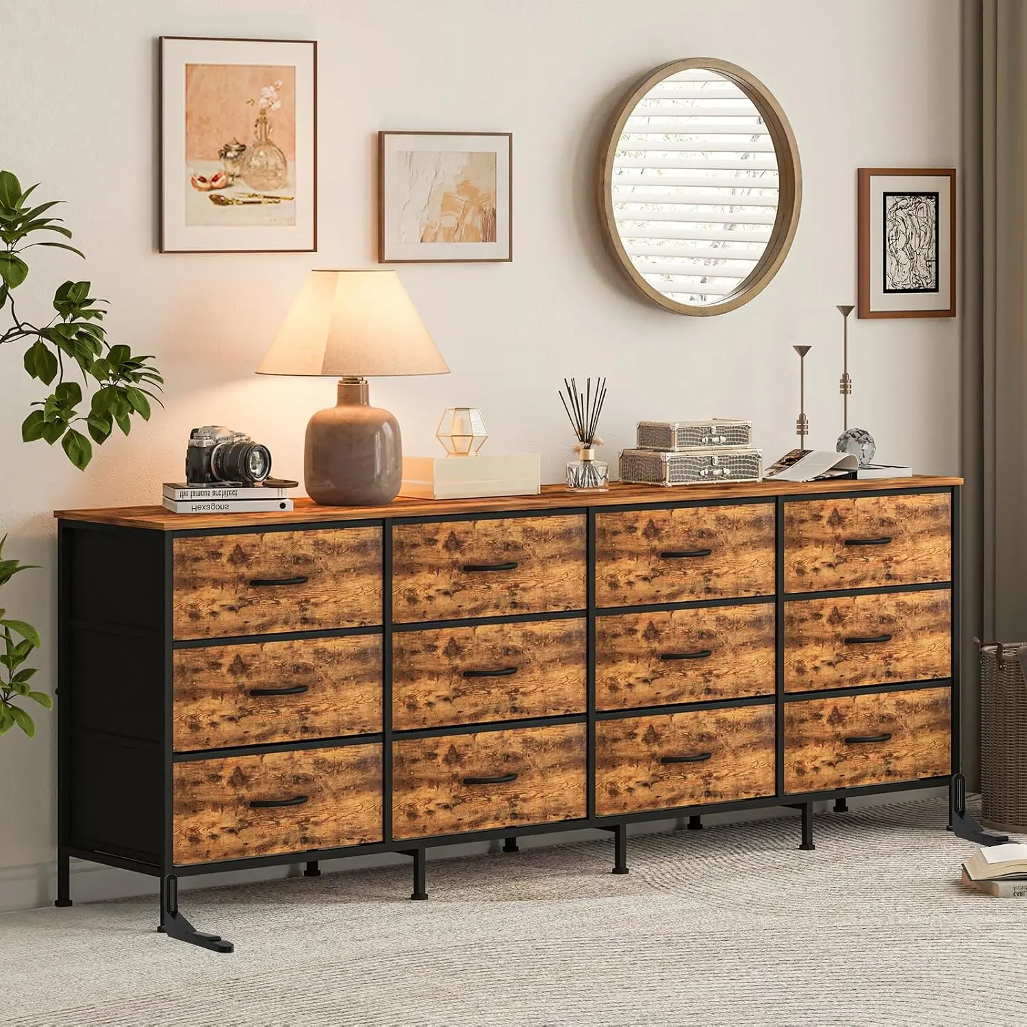 70" Wide Dresser with 12 Fabric Drawers, Charging Station for 65/75/80 Inch TV, Large TV Stand & Entertainment Center for Living Room, Bedroom, Entryway