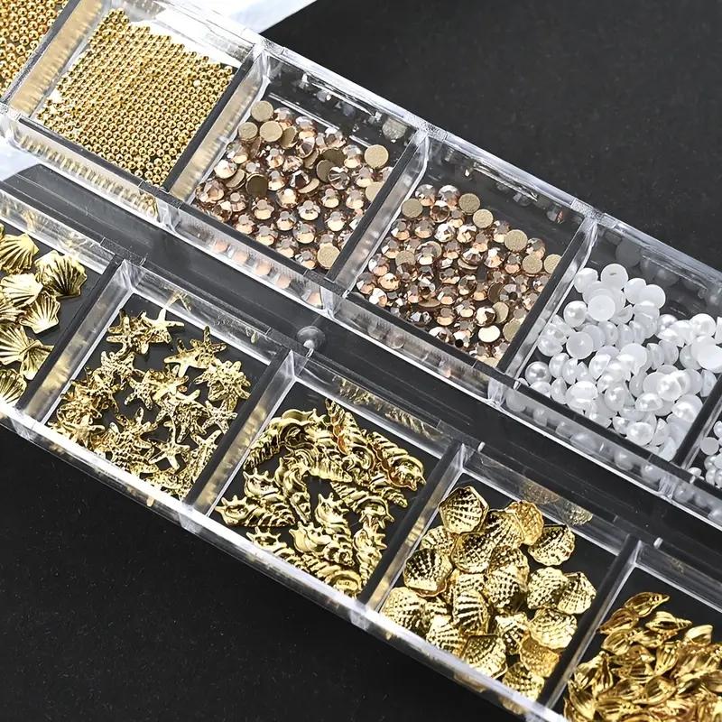 12 Grids 3D Ocean Nail Art Decorations, Mixed Sea Horse Starfish Conch Pearl Mini Caviar Beads Rhinestones, Seahorse Nail Art