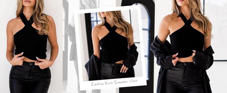 Imily Bela Womens Criss Cross Halter Sweater Vest Tops Summer Sleeveless Pullover Casual Lightweight V Neck Knit Tank Top Black Minimalist tank tops