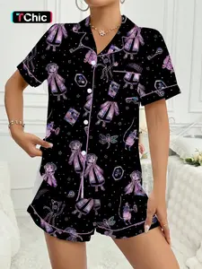 Ladies Coraline Print Short Sleeve Button Pajama Set Pjs, Comfortable Soft Sleepwear and Loungewear for Sleep and Leisure, Cute Fit for Summer