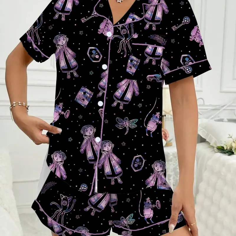 Ladies Coraline Print Short Sleeve Pajama Set, Comfortable Soft Sleepwear and Loungewear, Cute Fit Pjs for Summer, Home Sleepwear Loungewear