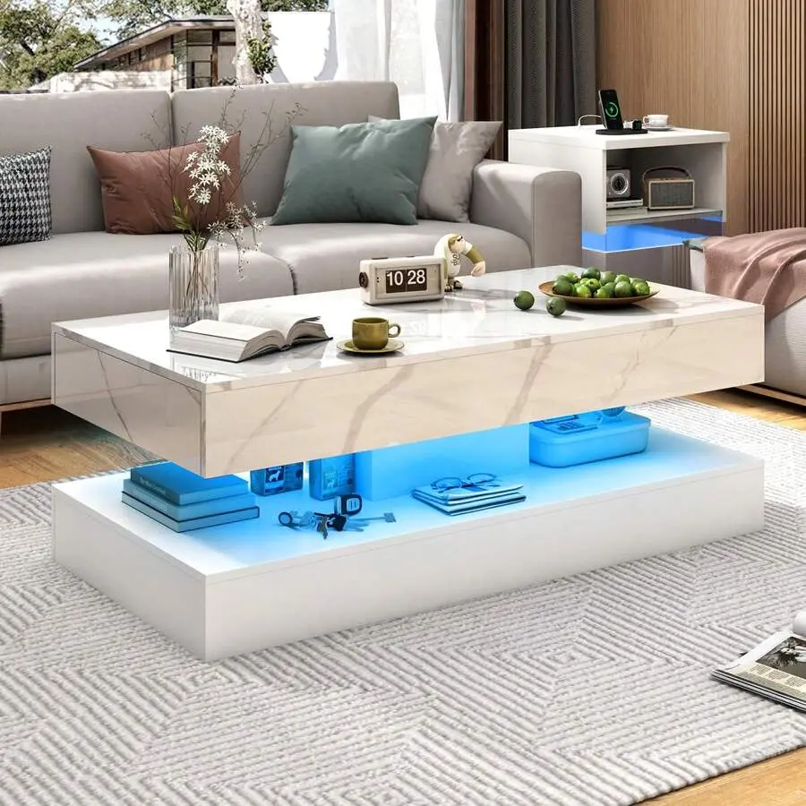 39/47inch Large High-Glossy LED Coffee Table With 2 Sliding Drawers, Living Room Storage Tables With Marbling Print, Modern Stylish Double-Layer Center Tables W/ USB Powered LED Lights
