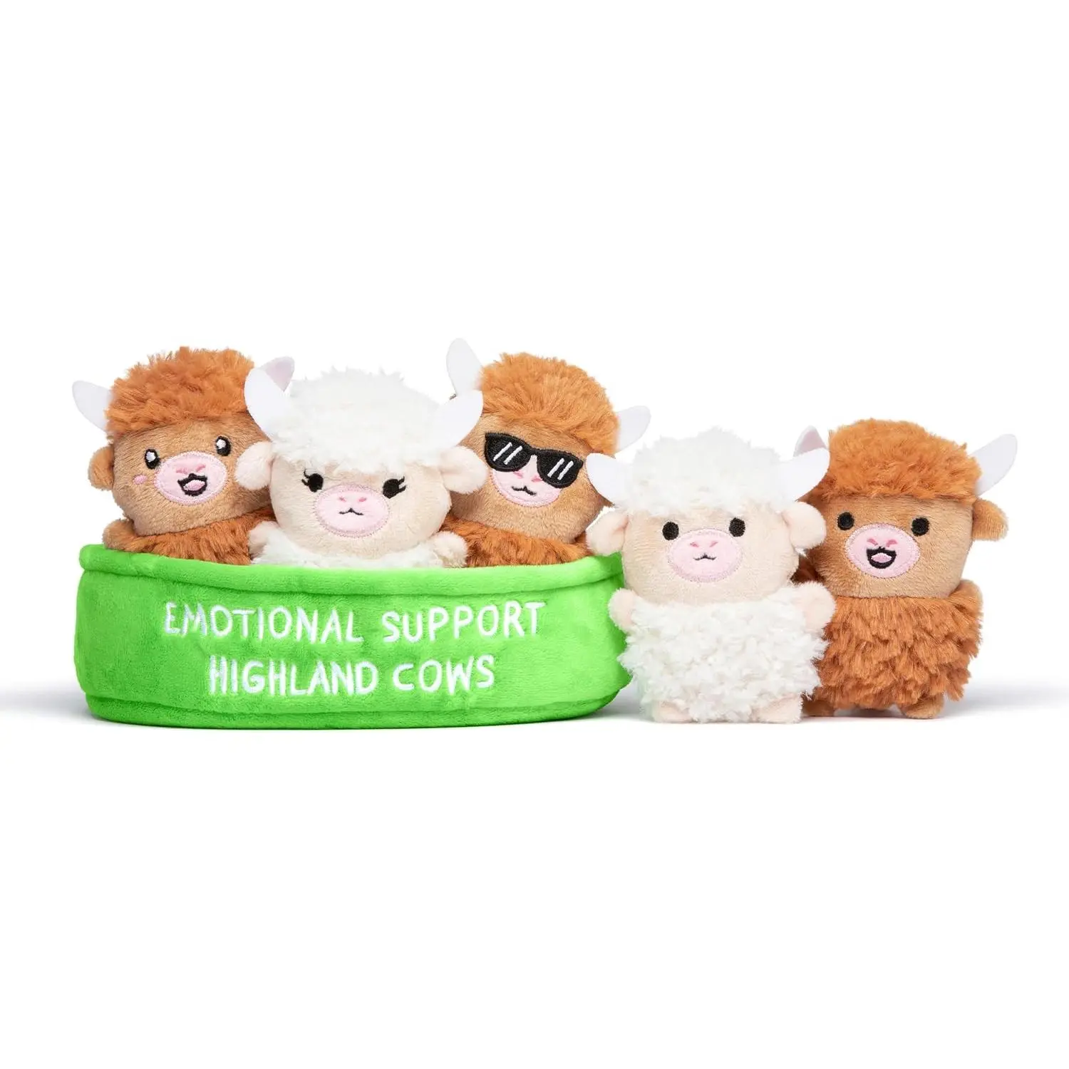 Emotional Support Highland Cows, Cuddly Stuffed Animals, Plushies, and Cute Stuff, Great Gift Ideas for Loved Ones of All Ages, Includes 5 Toys with Carrying Basket