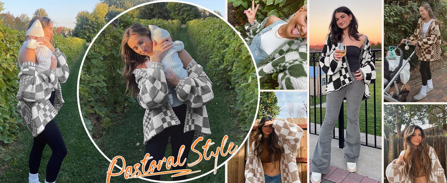 Saodimallsu Womens Checkered Sweater Color Block Plaid Cardigans Oversized Long Sleeve Knit Open Front Coats