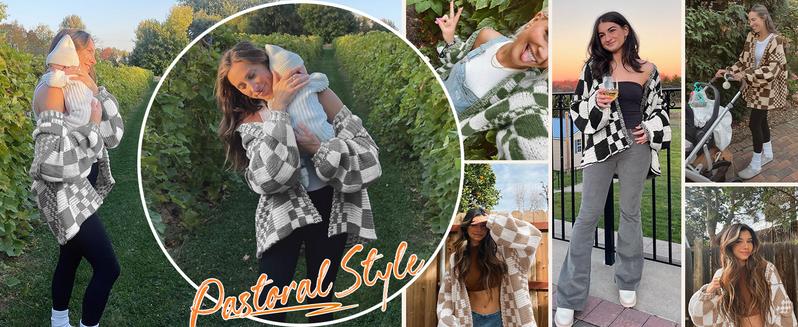 Saodimallsu Womens Checkered Sweater Color Block Plaid Cardigans Oversized Long Sleeve Knit Open Front Coats