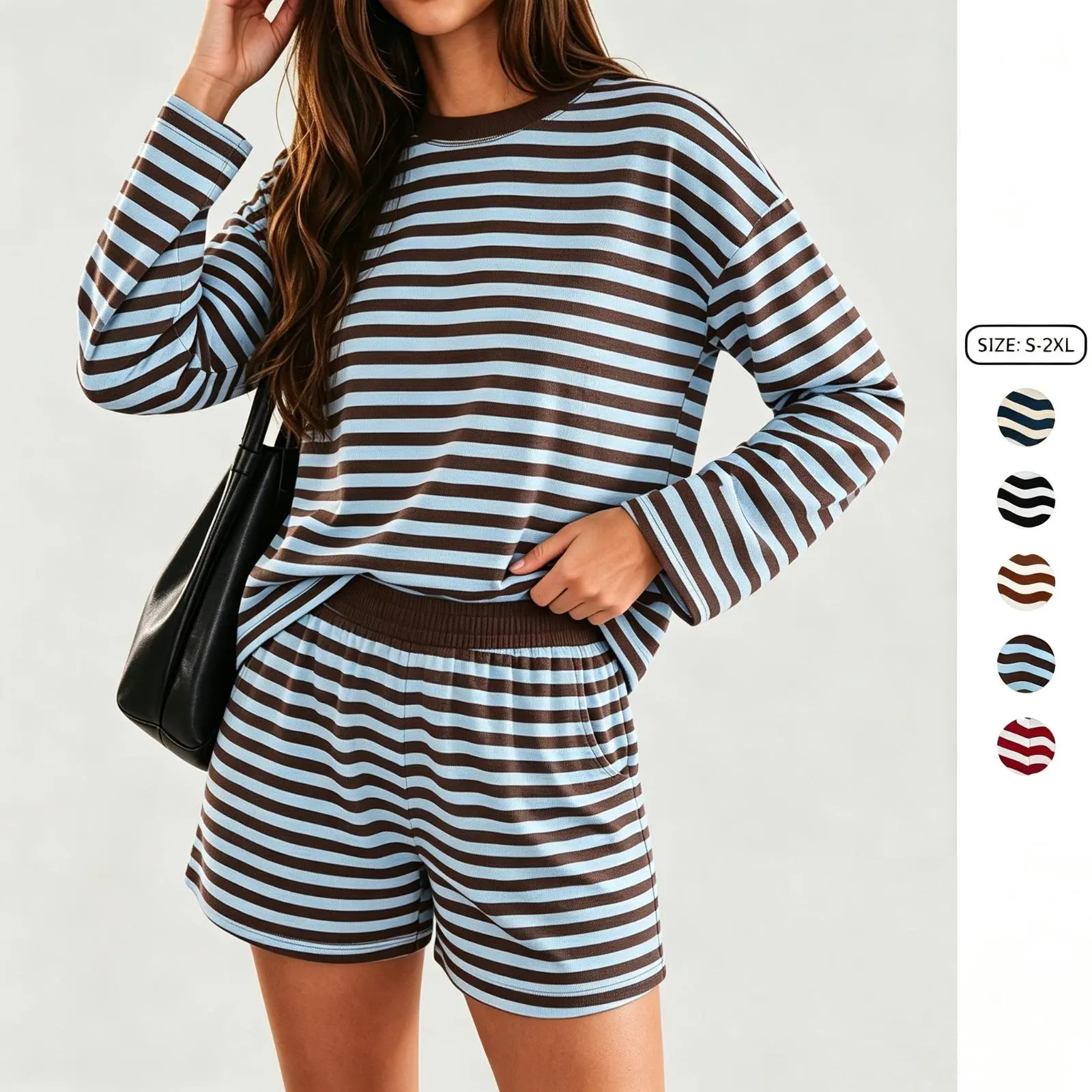 Imily Bela Retro Stripe Long Sleeve Shorts Loungewear Set Women Soft Cozy Oversized Matching Pajamas