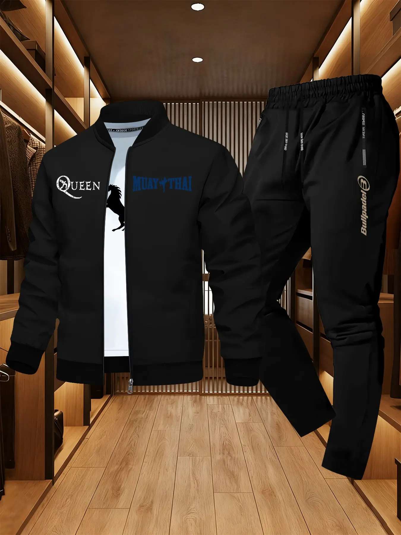 Daily Wear Lightweight Sporty Vintage English Print Baseball Collar Jacket and Pants Set, Casual Fitted Outerwear for All Seasons