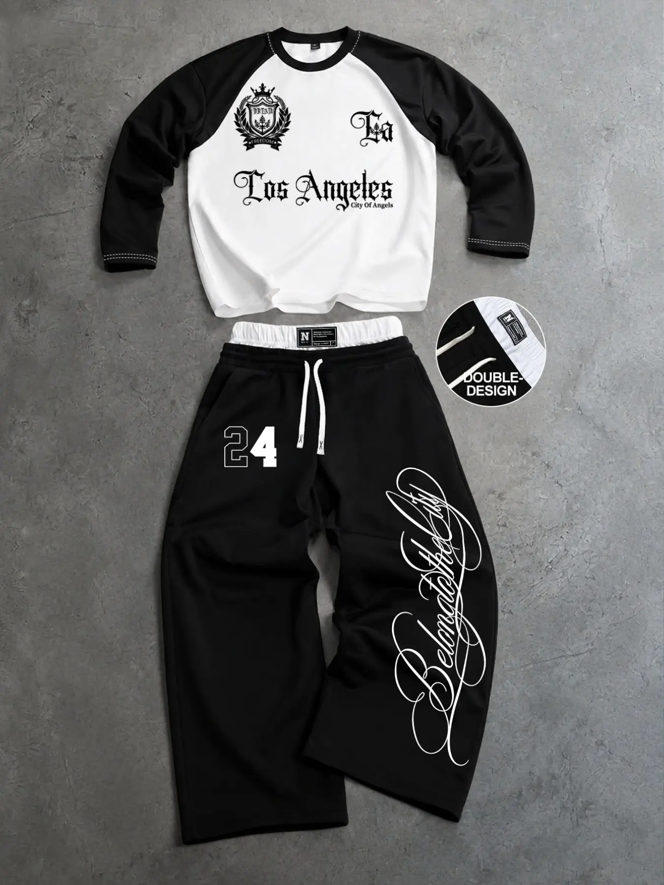 Men's Vintage Gothic Los Angeles Print 2 Piece Athleisure Tracksuit Set Oversized Raglan Long Sleeve Shirt & Baggy Sweatpants with Double Waistband Design for Streetwear & Casual Outfit