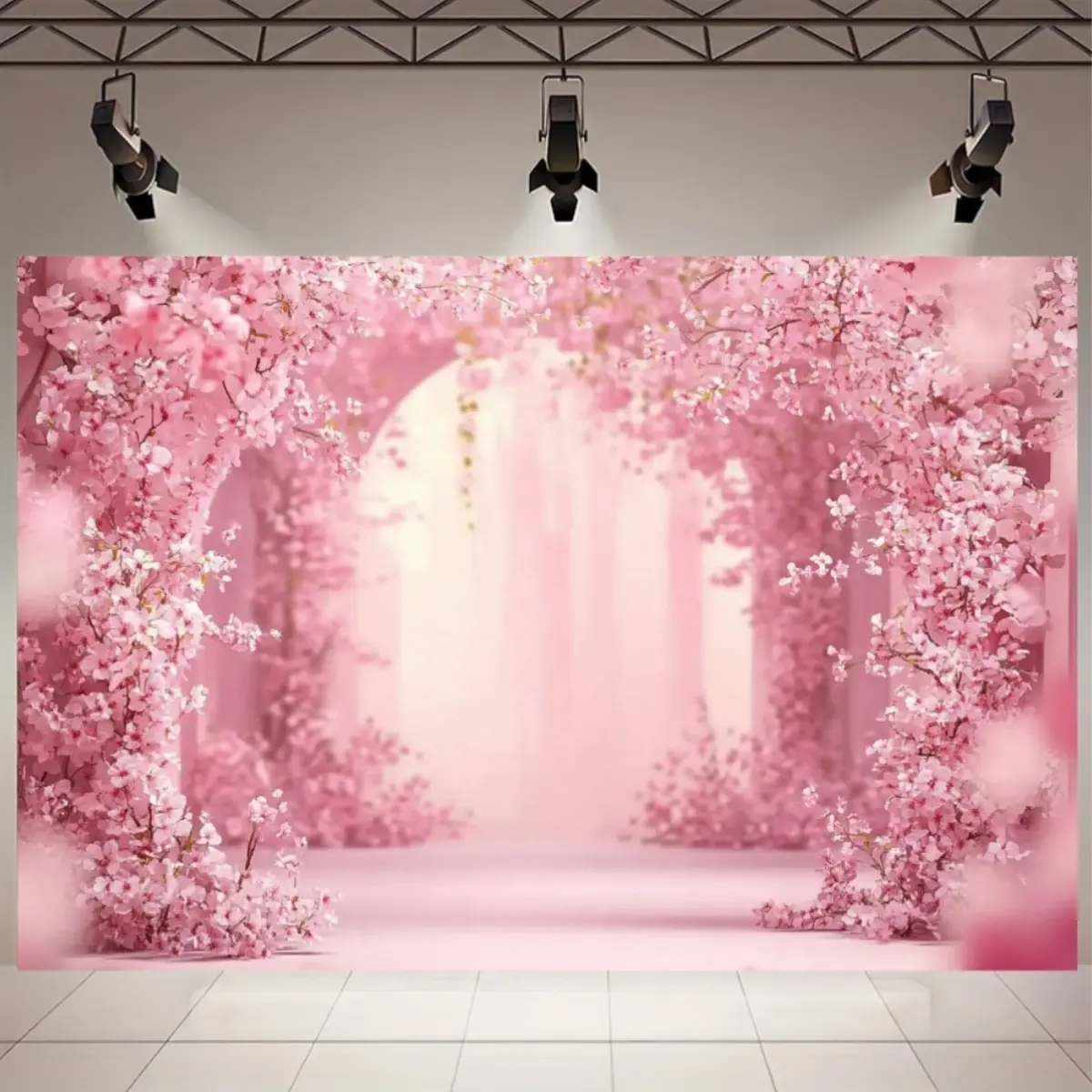 Durable Polyester 2D Flat Cherry Blossom Photo Backdrop Banner - 1-Piece Pastel Pink & White Artificial Flowers Festive Backdrops & Banners, Tunnel Design, Self-Standing, No Electricity Required, Ideal for Wedding, Birthday, Indoor Universal Use