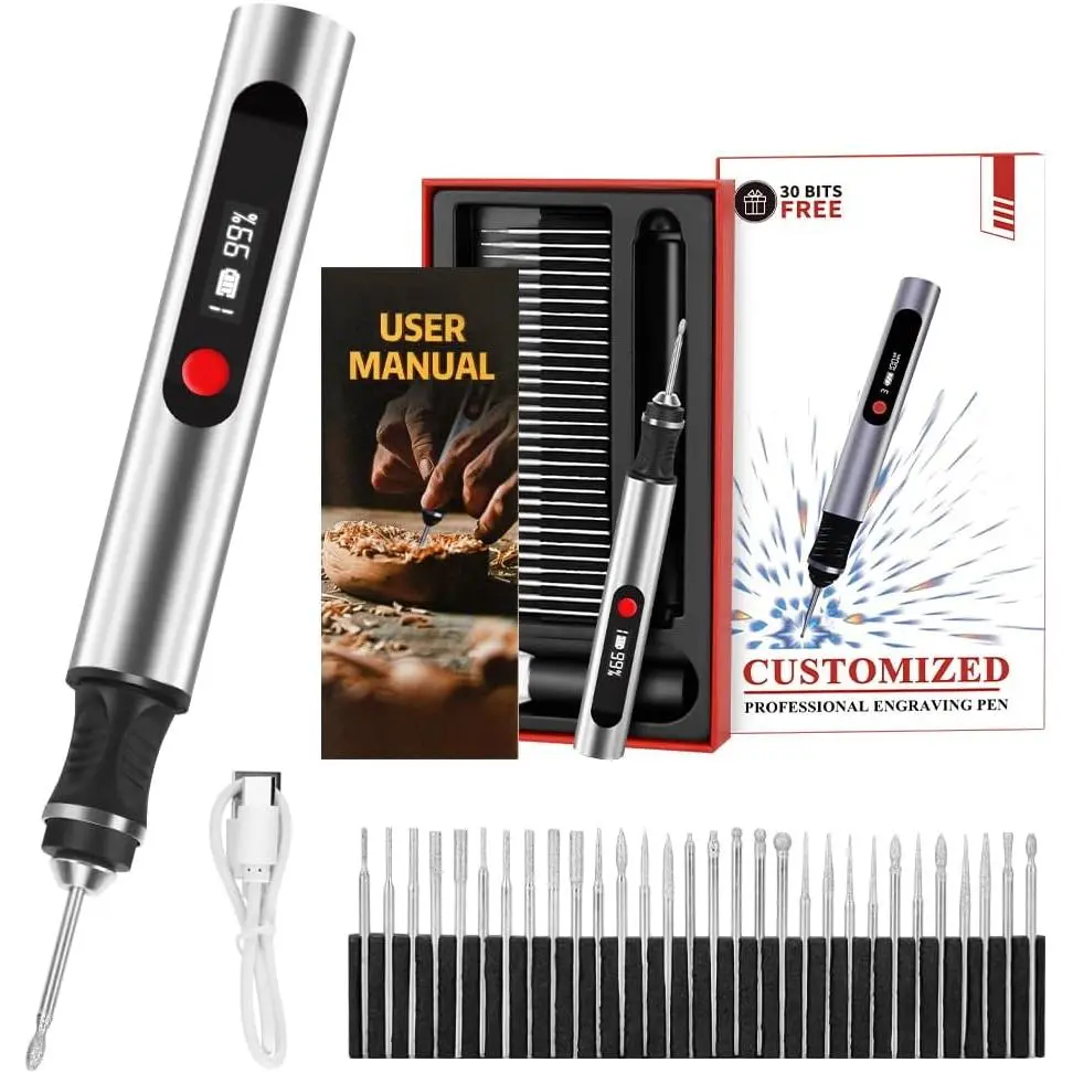 Engraving Pen,  Cordless Engraving Pen for Artists & DIYers - Engrave 60+ Surfaces - Beginner Friendly- 30 Bits & Mastery Guide (Grey)