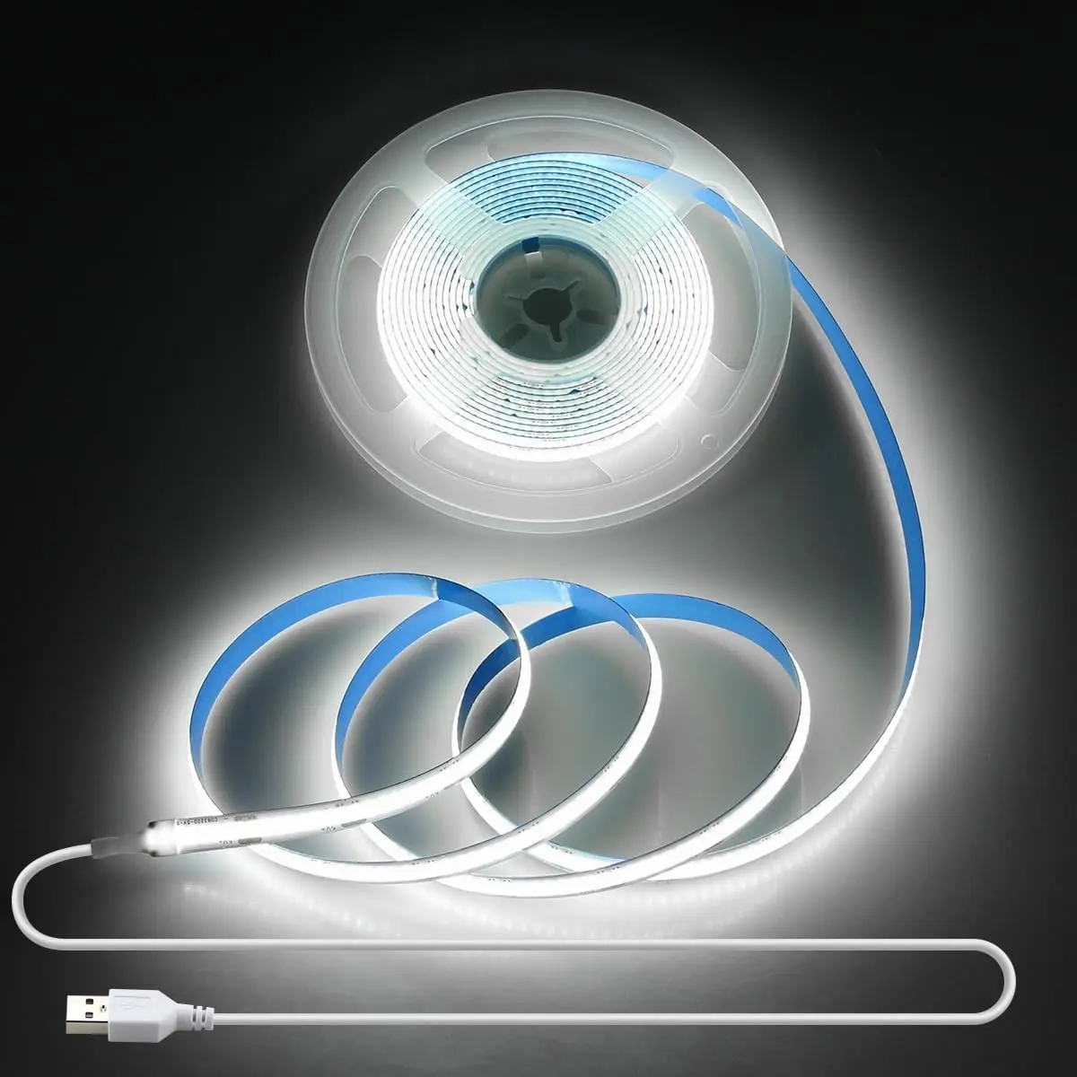 5V COB LED Strip Lights 6000K Cold White USB 10ft 8MM Width Flexible Rope Light for Bedroom Kitchen Cupboard Wardrobe Staircase Counter Lighting Project 320LEDs/M CRI85+