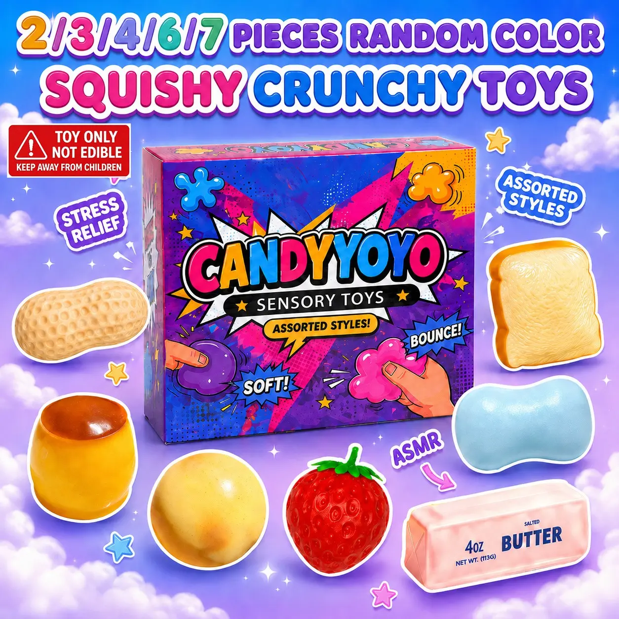 2/3/4/6/7pcs Squishy Crunchy Stress Relief Fidget Toys, Soft Tpr Squishies, ASMR Squeeze Sensory Decompression Toys, Stress Ball Party Gifts, Sensory Room Supplies, 7 Different Food‑Shaped Styles, Novelty Holiday Gifts, Children's Party Gift Package