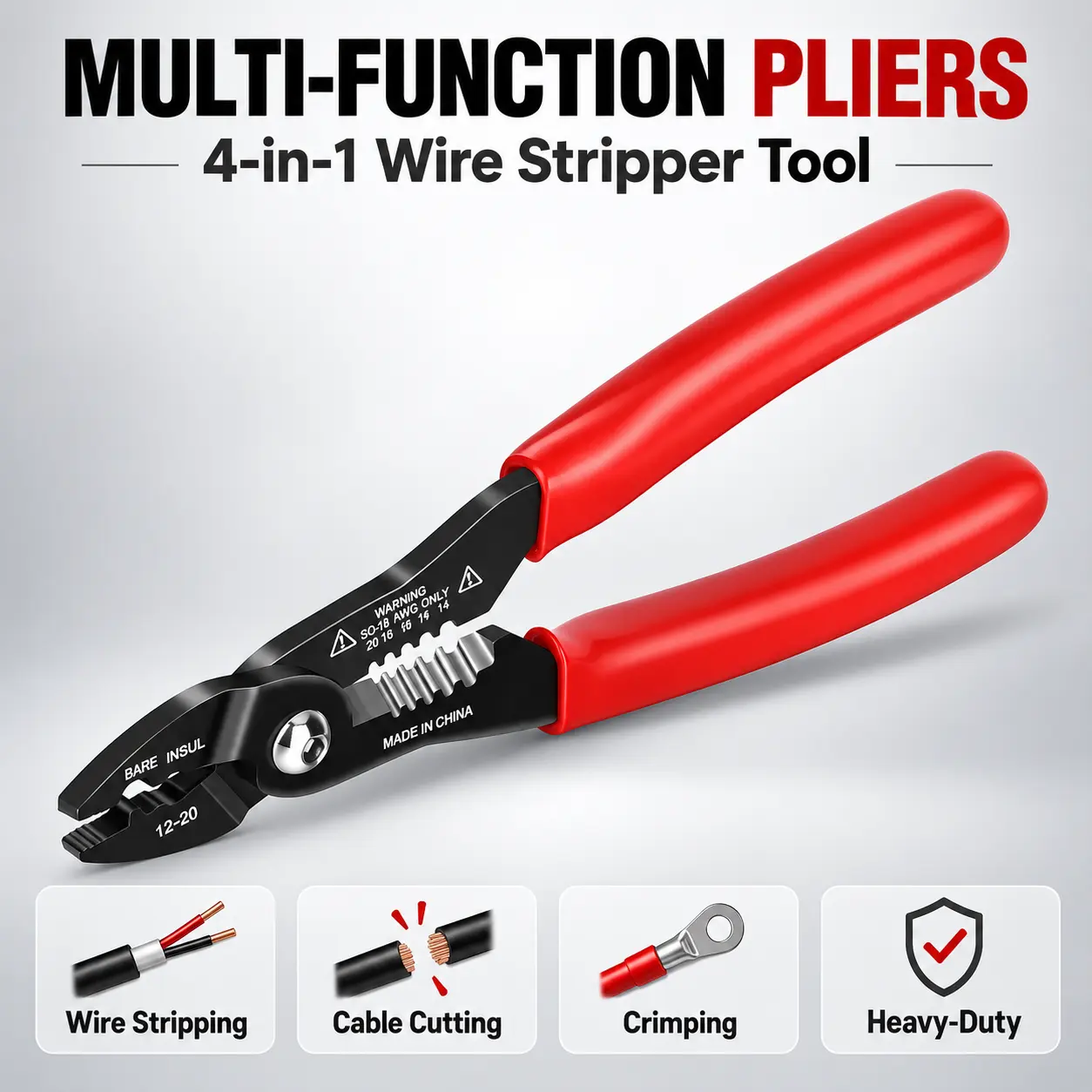 Heavy-Duty 4-in-1 Electrician Pliers, Multi-Function Wire Stripper, Cable Cutter and Crimping Tool for Home Improvement, Workshop Projects, Electrical Wiring and Construction Use