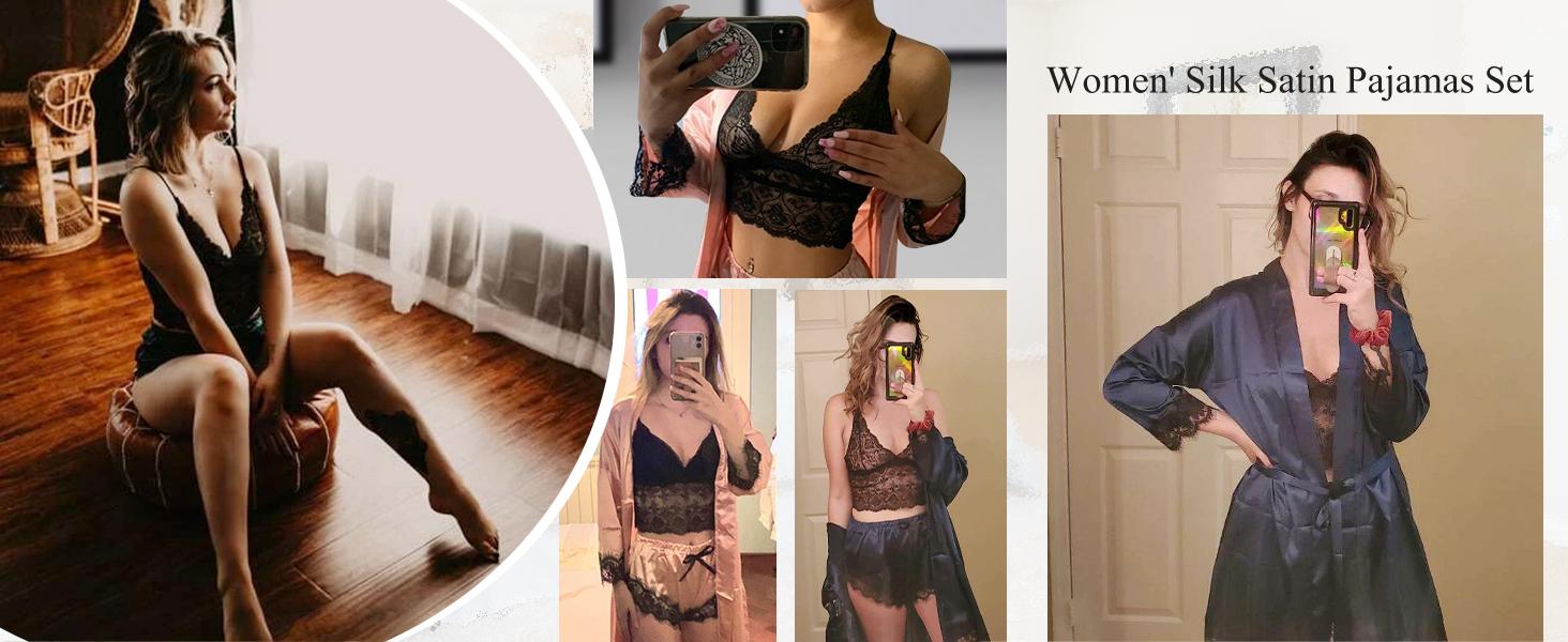 Women's 4-Piece Silk Satin Bridal Honeymoon Sleepwear Set, Floral Lace Cami with Robe