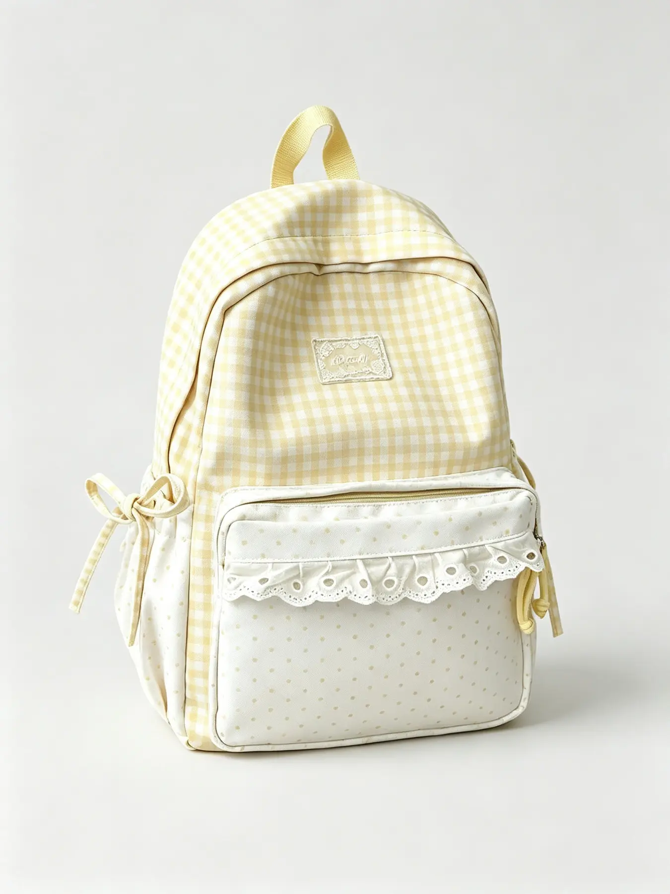 Plaid Panel Mini Polka Dot Backpack with Lace Ruffle & Side Tie Lightweight Student Daily Commute School Bag