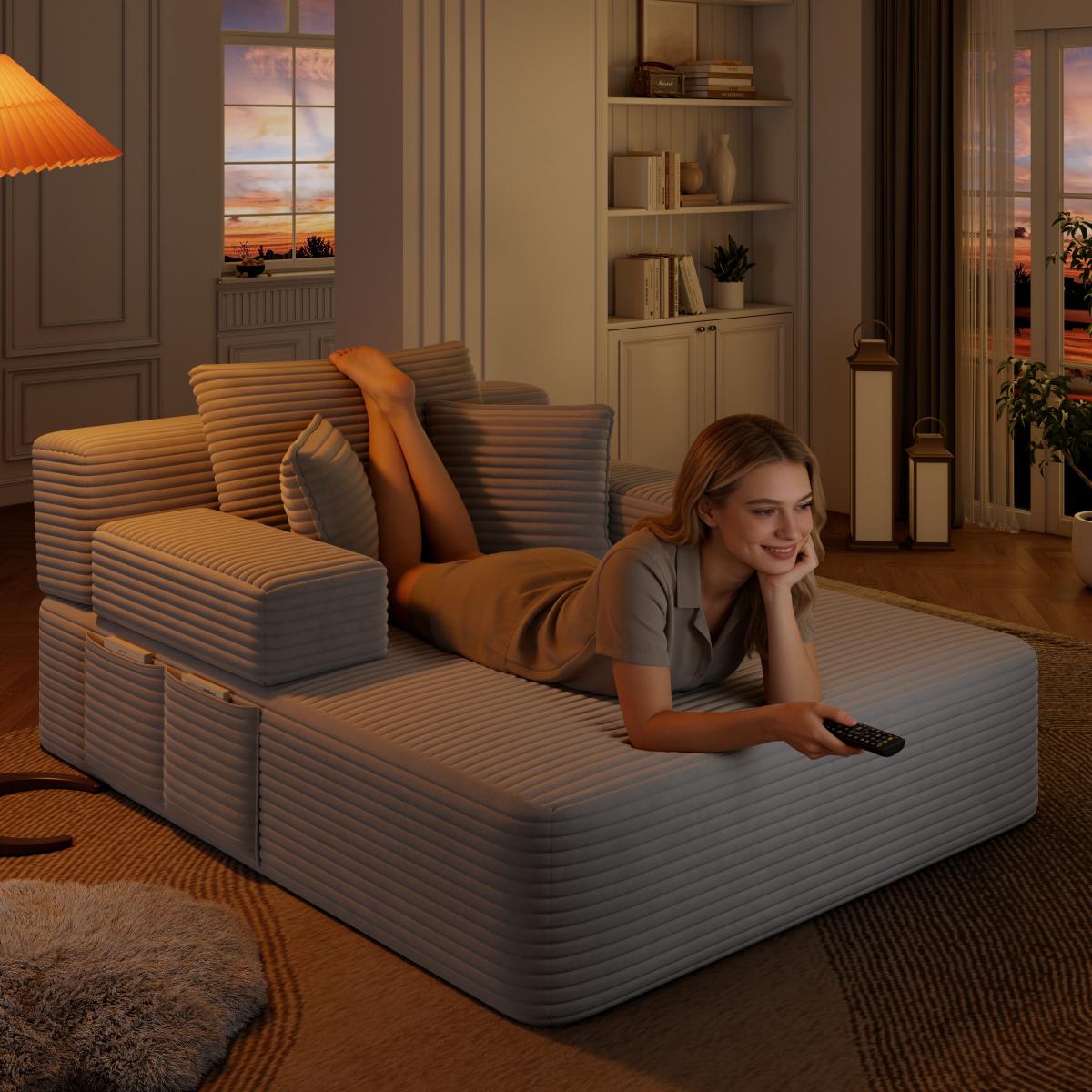 Luxurious Plush Corduroy Chaise Lounge with 3 Pillows, Convertible Sofa Bed with Storage Pocket, Frameless Design & Compression Foam for Small Spaces, Living Room, Apartment,Light Grey