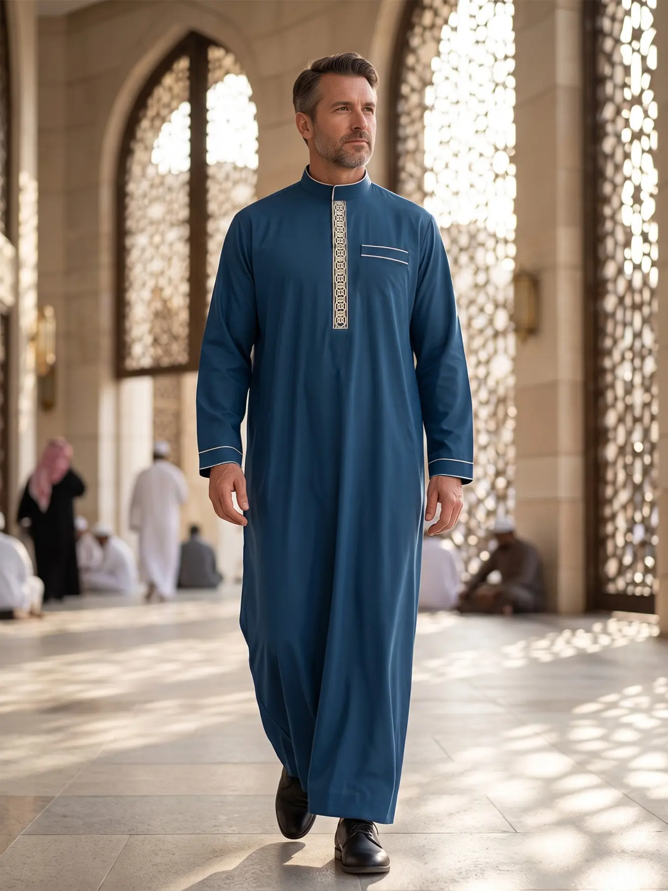 Men's Authentic Saudi Thobe with Gold Embroidery and Stand Collar, Classic Arabic Muslim Robe for Ramadan and Eid, Islamic Thobe