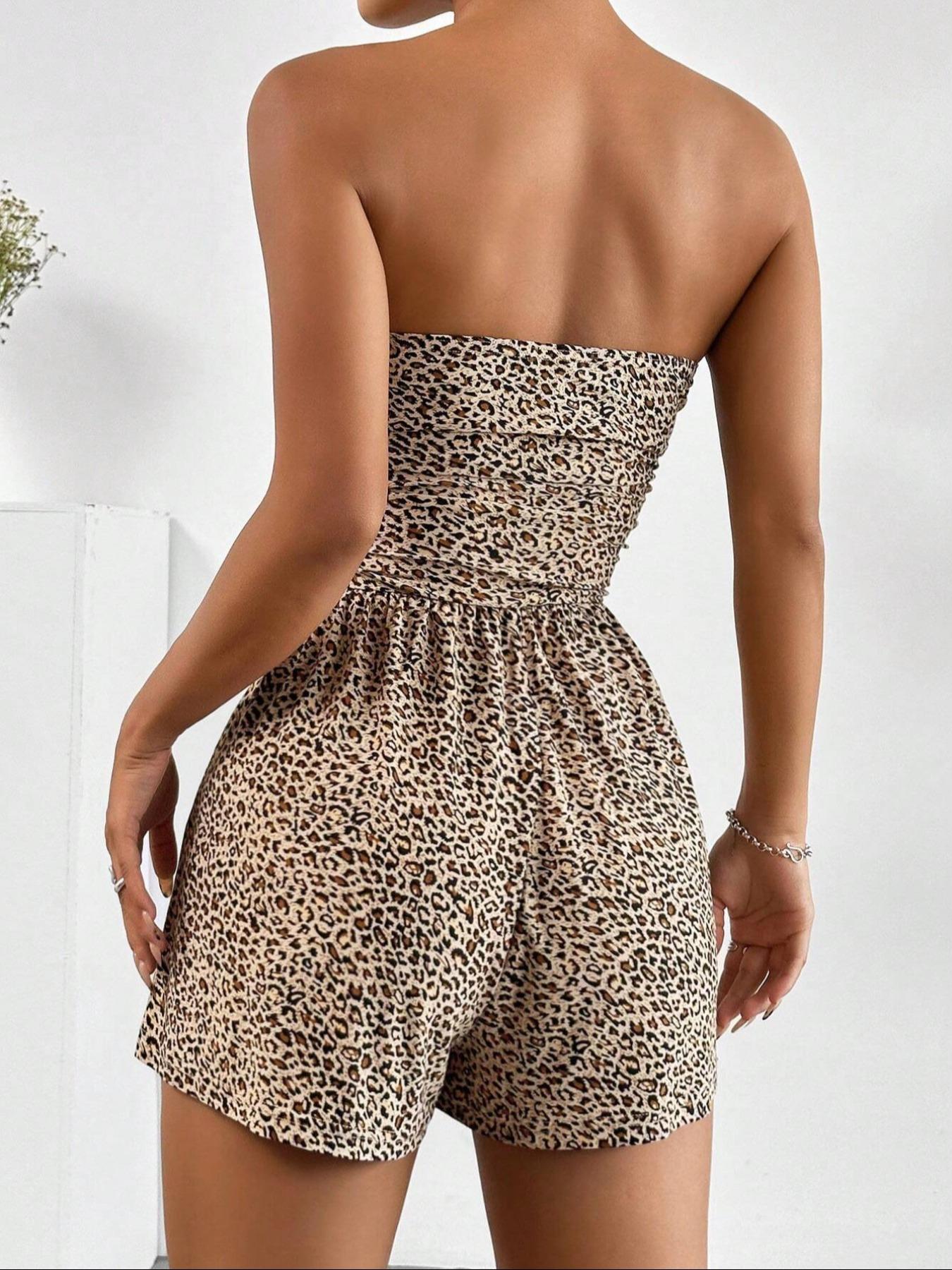 Women's Leopard Print Tube Romper, Leopard Print Jumpsuit, Casual Fitted Fashion Sleeveless Romper for Summer, Lady Clothes for Daily Wear, Athletic Workout Romper, Womenswear