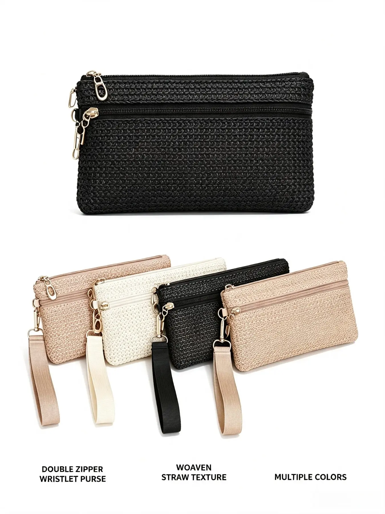 Women's Straw Texture Wristlet Bag, Dual Zipper Handbag, Portable Card Holder, Summer Beach Mini Coin Purse, Includes Bracelet (/nude/)