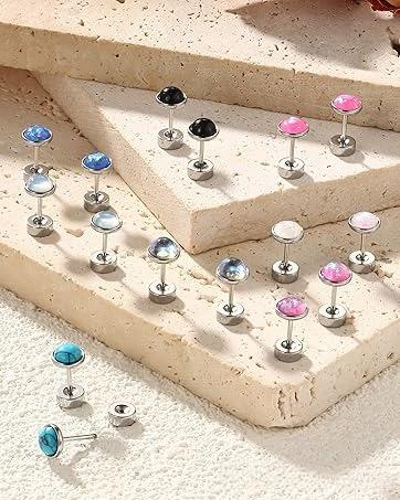 MILACOLATO Hypoallergenic Flat Back Earrings for Women Small Surgical Steel Nap Sleeper Earrings Cute Opal Turquoise Moonstone Earrings Cartilage Helix Tragus Piercing Silver Studs Earrings 20G